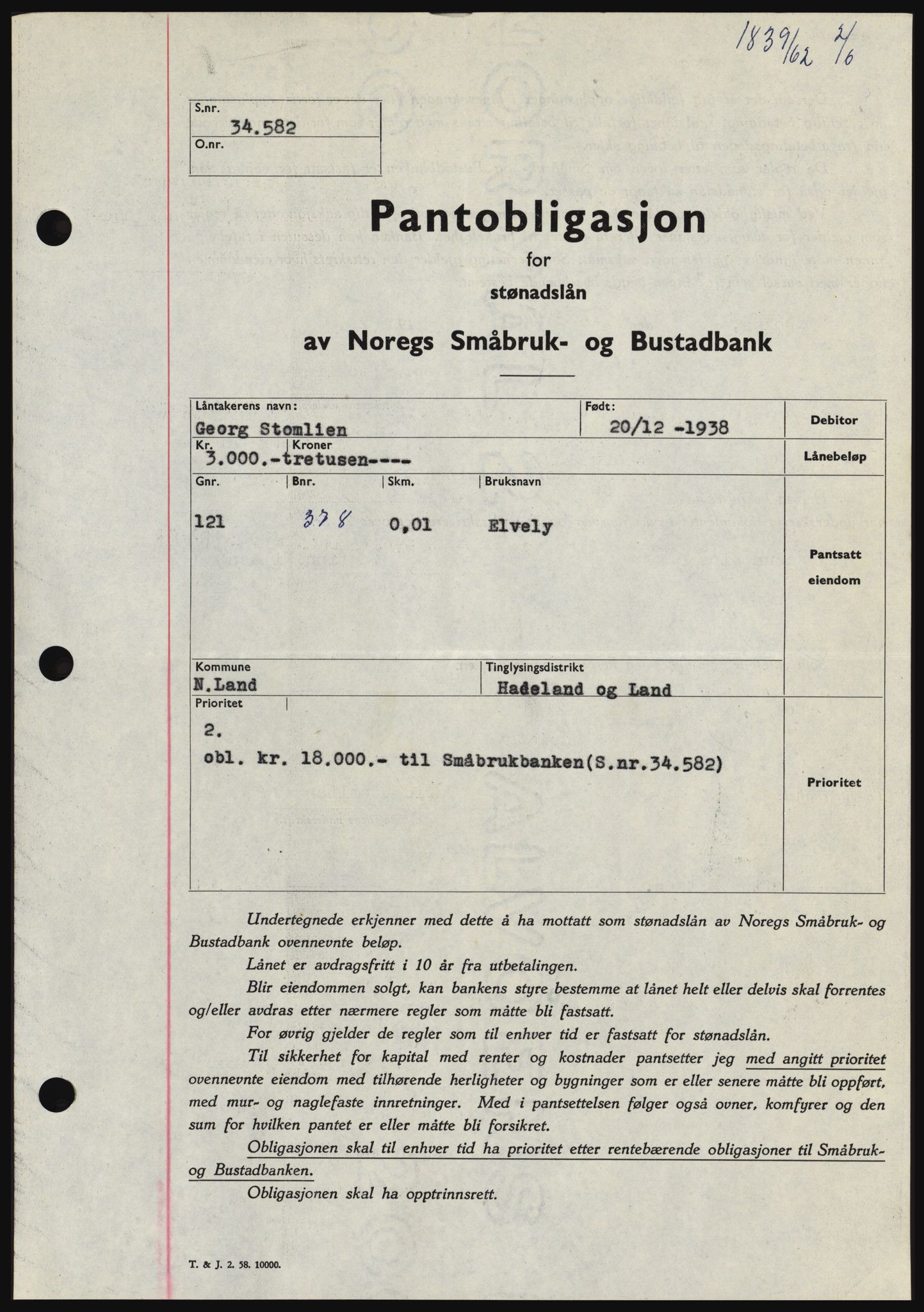 Hadeland og Land tingrett, SAH/TING-010/H/Hb/Hbc/L0048: Pantebok nr. B48, 1962-1962, Dagboknr: 1839/1962