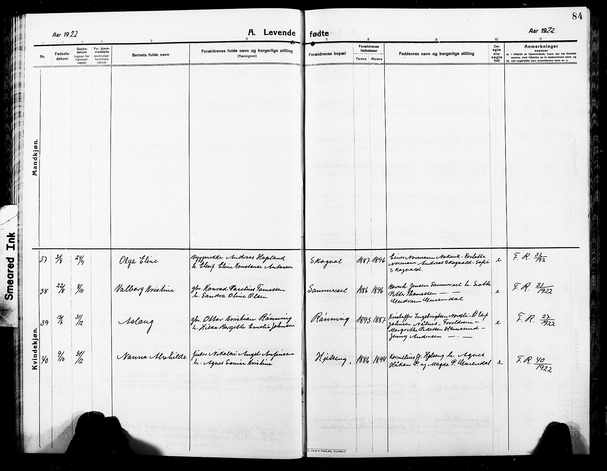 Ministerialprotokoller, klokkerbøker og fødselsregistre - Nordland, SAT/A-1459/859/L0861: Klokkerbok nr. 859C07, 1910-1925, s. 84