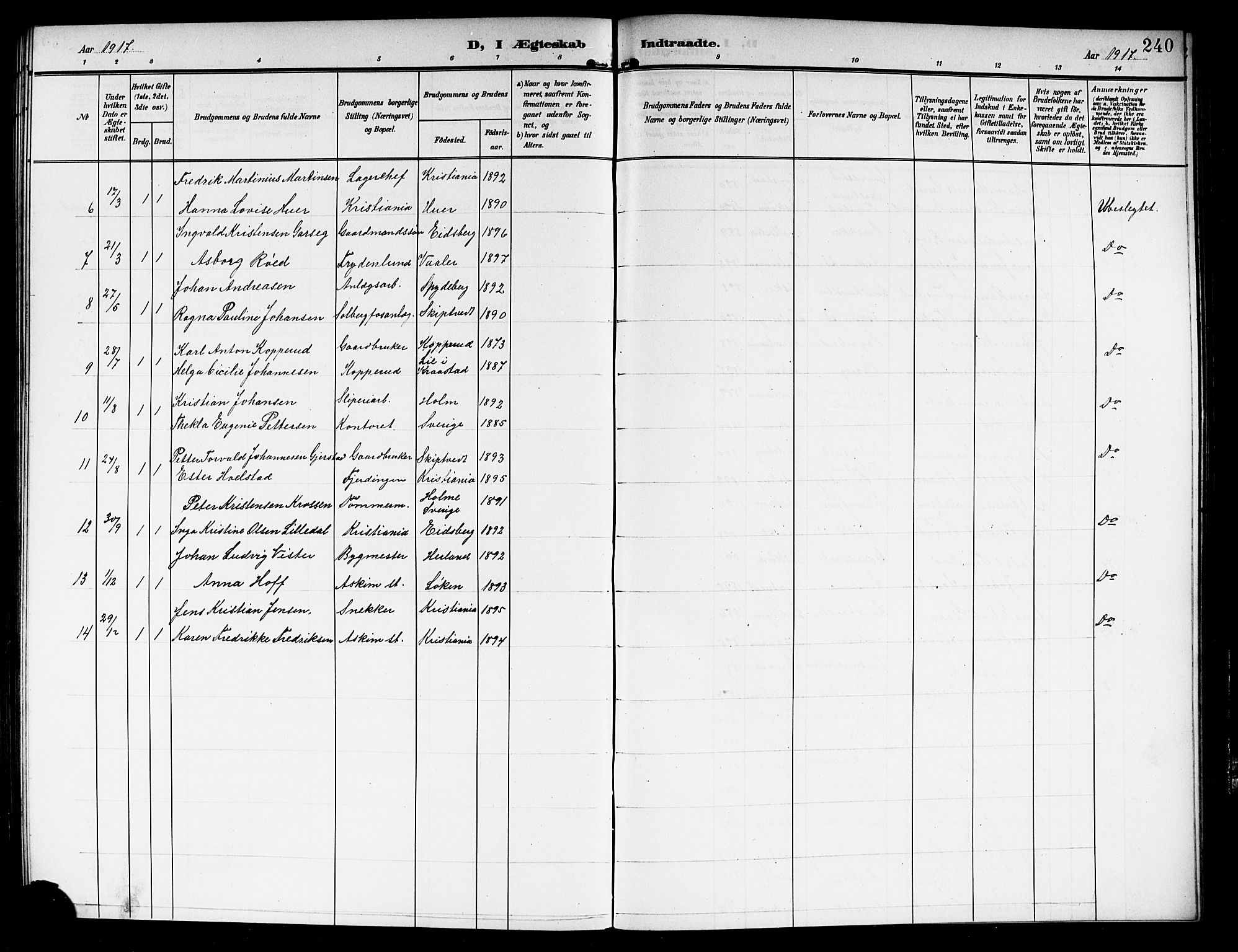 Askim prestekontor Kirkebøker, AV/SAO-A-10900/G/Ga/L0002: Klokkerbok nr. 2, 1903-1921, s. 240