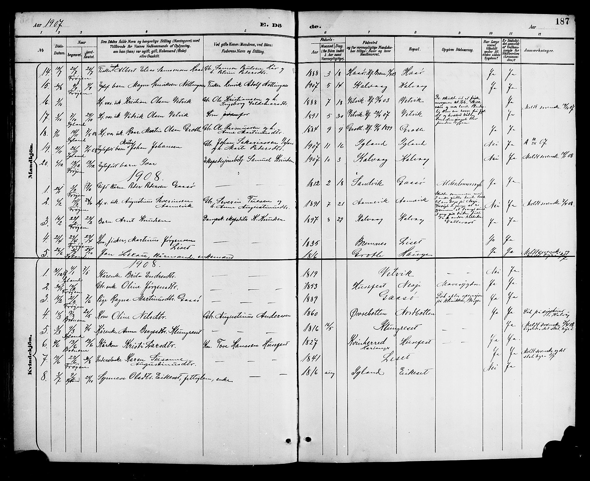 Bremanger sokneprestembete, AV/SAB-A-82201/H/Hab/Haba/L0003: Klokkerbok nr. A 3, 1890-1908, s. 187