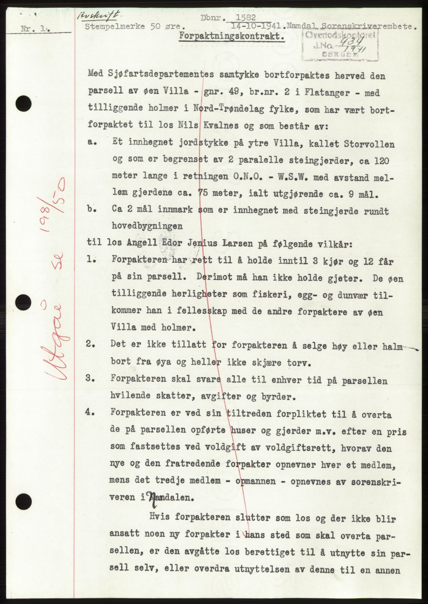 Namdal sorenskriveri, SAT/A-4133/1/2/2C: Pantebok nr. -, 1941-1942, Dagboknr: 1582/1941
