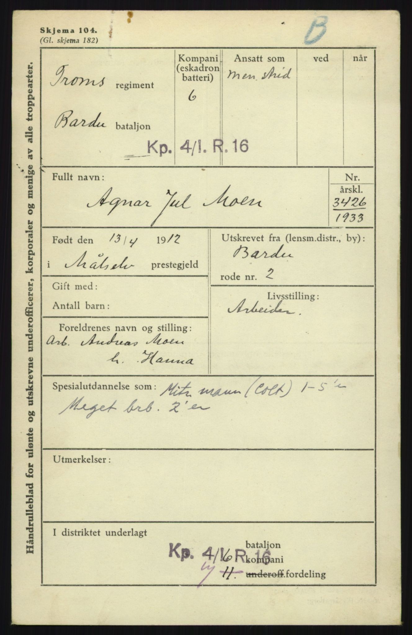 Forsvaret, Troms infanteriregiment nr. 16, AV/RA-RAFA-3146/P/Pa/L0017: Rulleblad for regimentets menige mannskaper, årsklasse 1933, 1933, s. 833