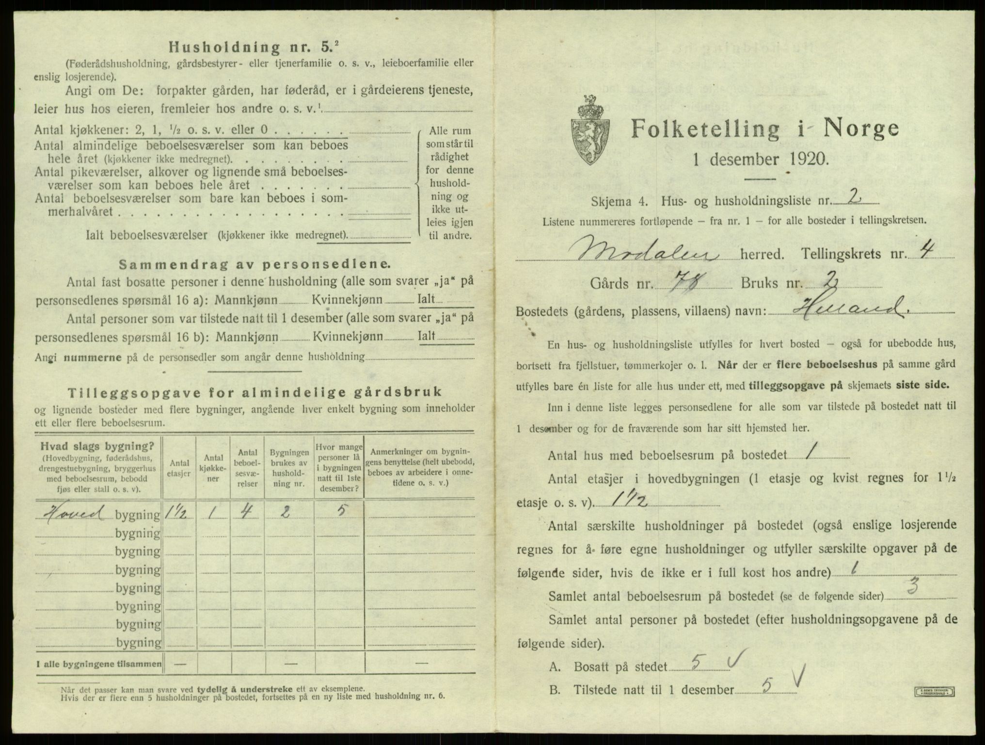 SAB, Folketelling 1920 for 1252 Modalen herred, 1920, s. 124