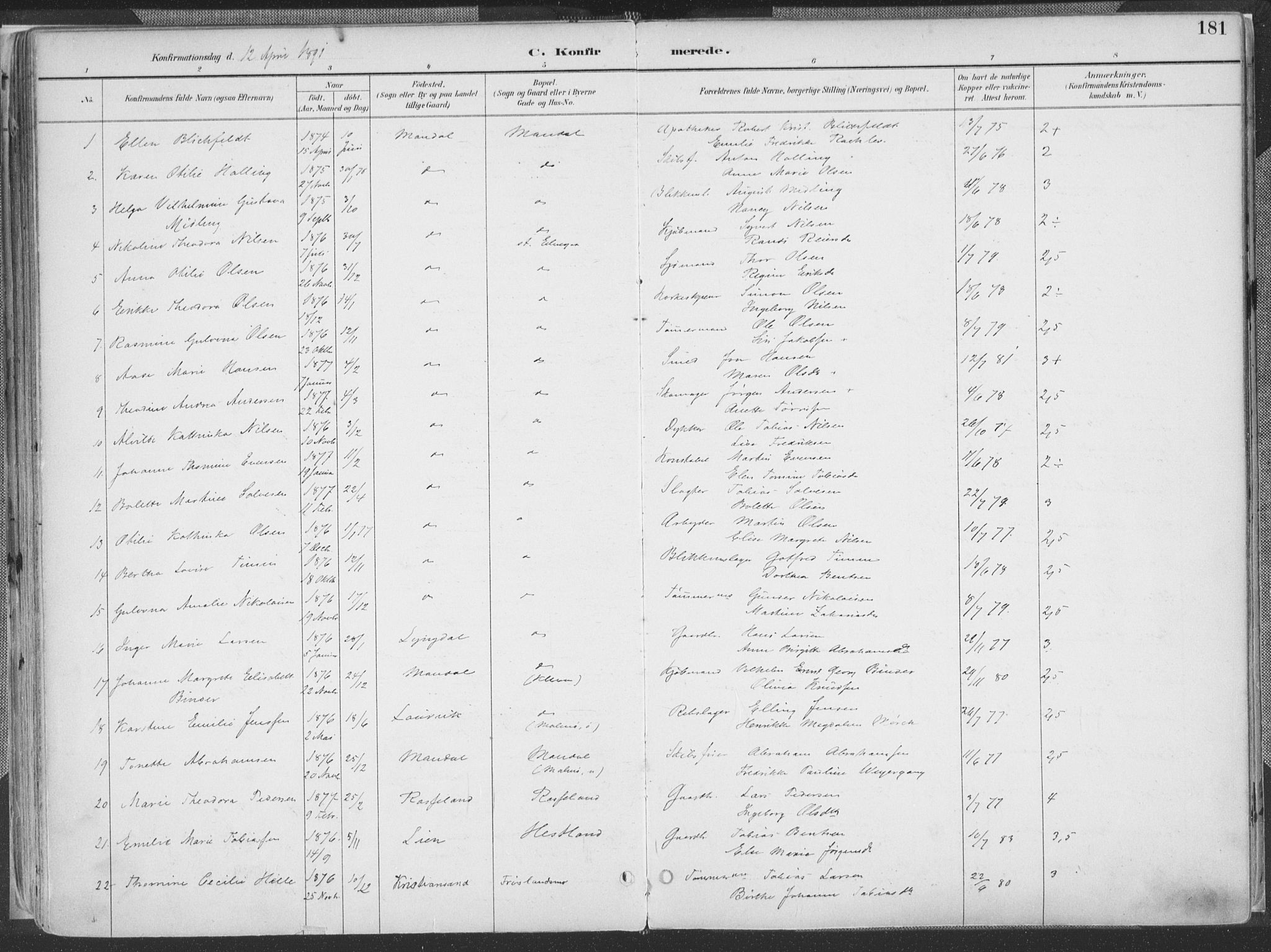 Mandal sokneprestkontor, AV/SAK-1111-0030/F/Fa/Faa/L0018: Ministerialbok nr. A 18, 1890-1905, s. 181