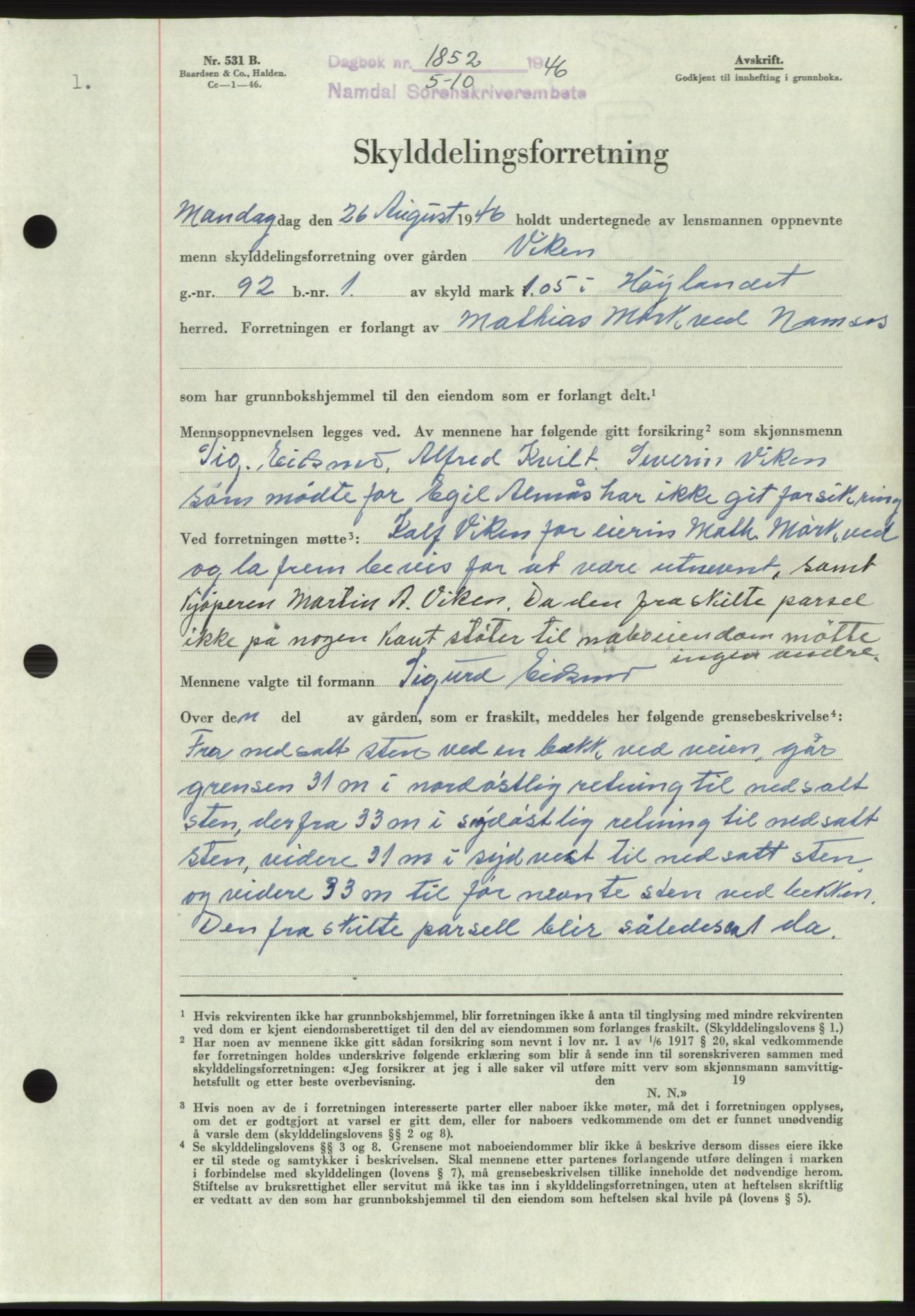 Namdal sorenskriveri, SAT/A-4133/1/2/2C: Pantebok nr. -, 1946-1947, Dagboknr: 1852/1946