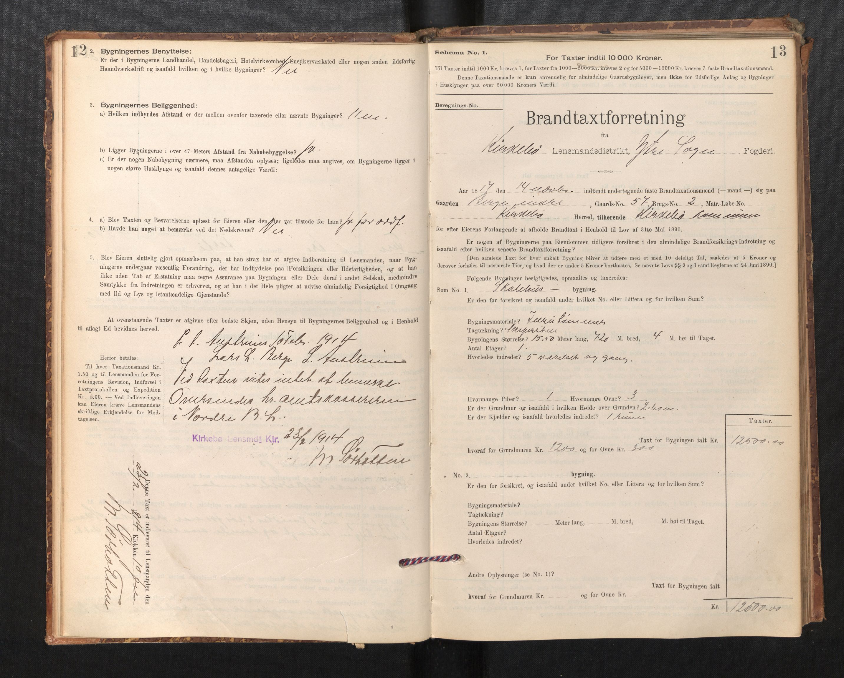 Lensmannen i Kyrkjebø, SAB/A-29001/0012/L0006: Branntakstprotokoll, skjematakst, 1900-1939, s. 12-13