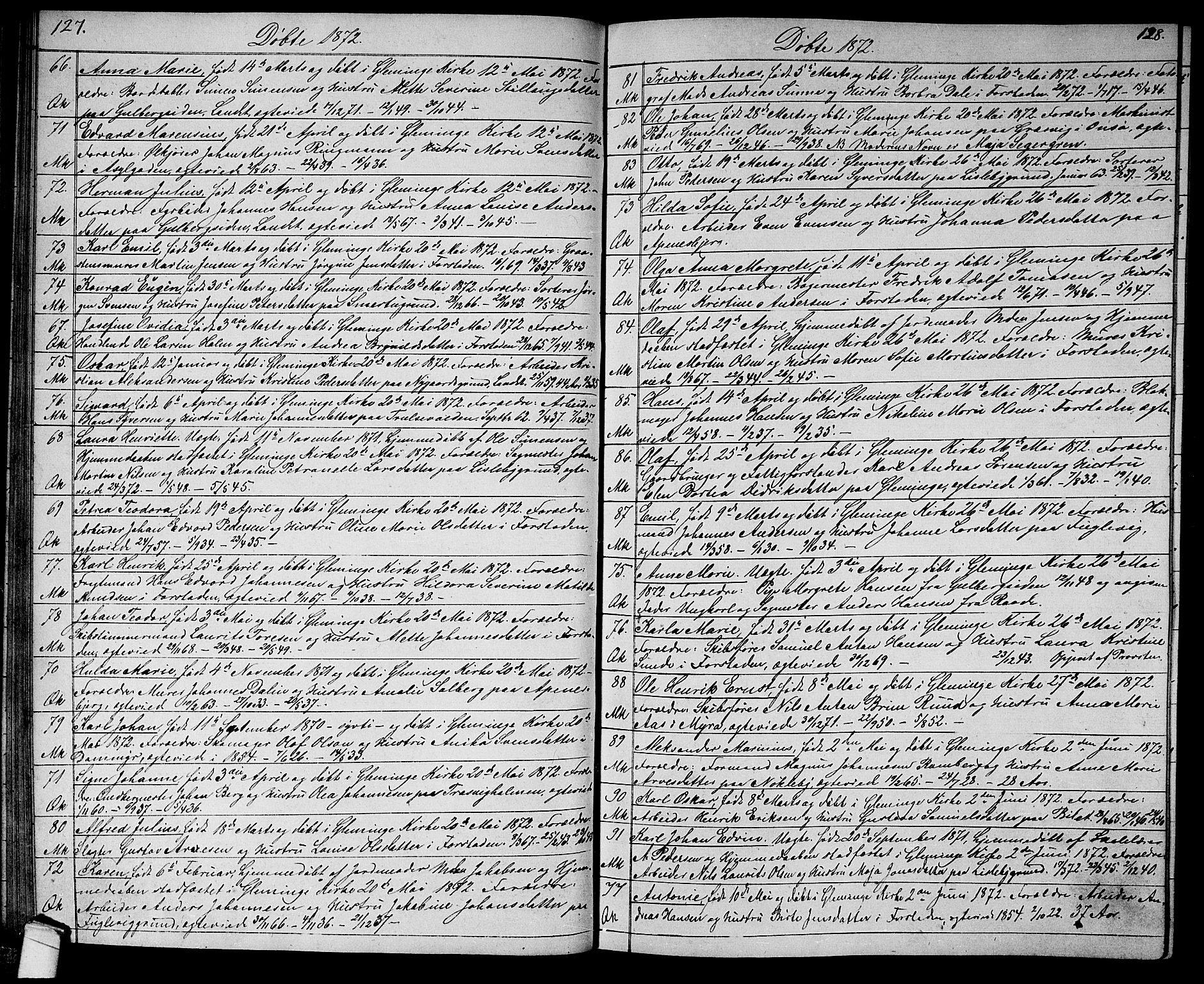 Glemmen prestekontor Kirkebøker, AV/SAO-A-10908/G/Ga/L0004: Klokkerbok nr. 4, 1867-1875, s. 127-128
