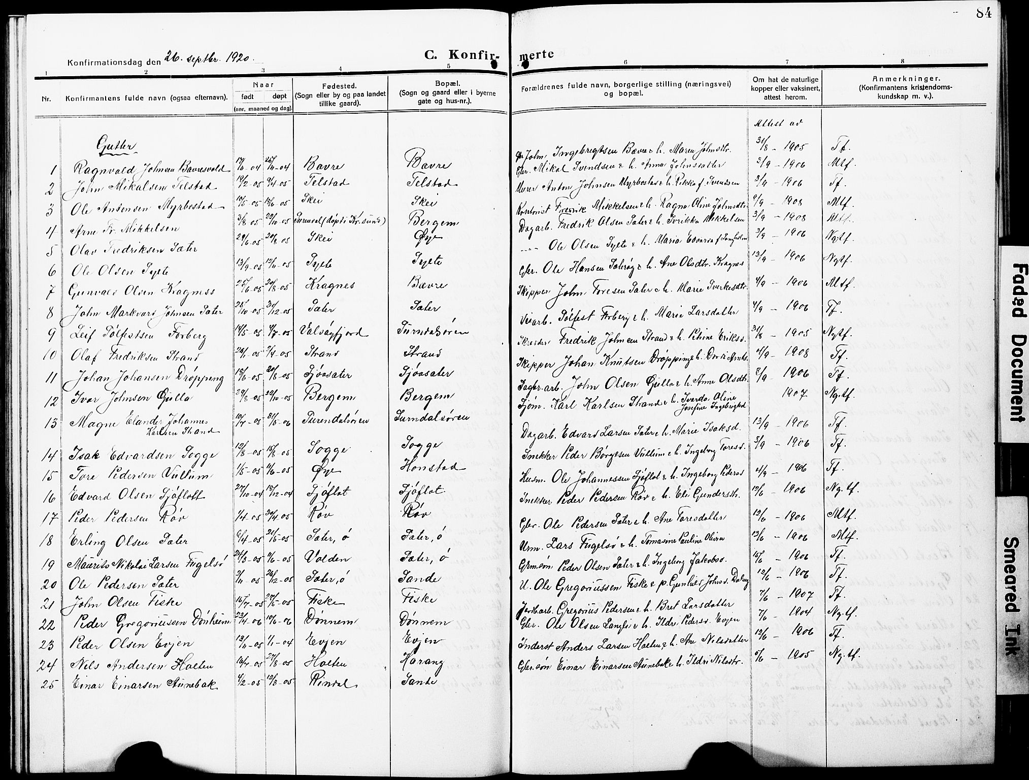 Ministerialprotokoller, klokkerbøker og fødselsregistre - Møre og Romsdal, SAT/A-1454/596/L1059: Klokkerbok nr. 596C02, 1908-1922, s. 84