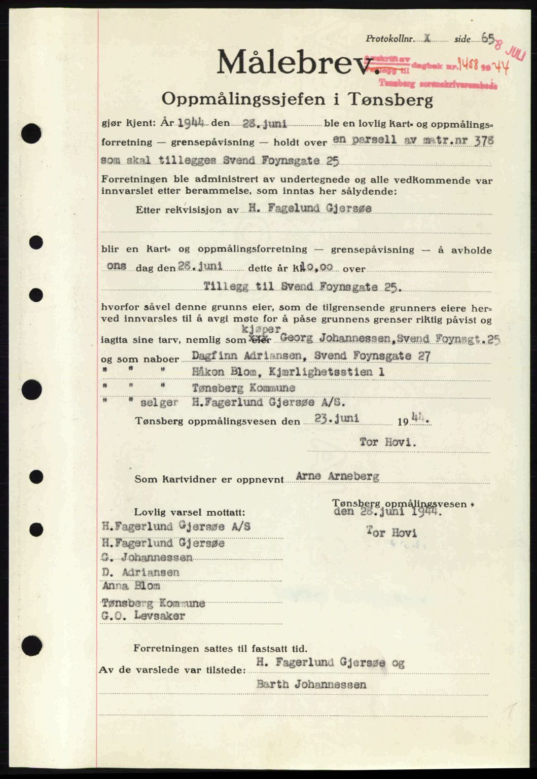 Tønsberg sorenskriveri, AV/SAKO-A-130/G/Ga/Gaa/L0015: Pantebok nr. A15, 1944-1944, Dagboknr: 1458/1944