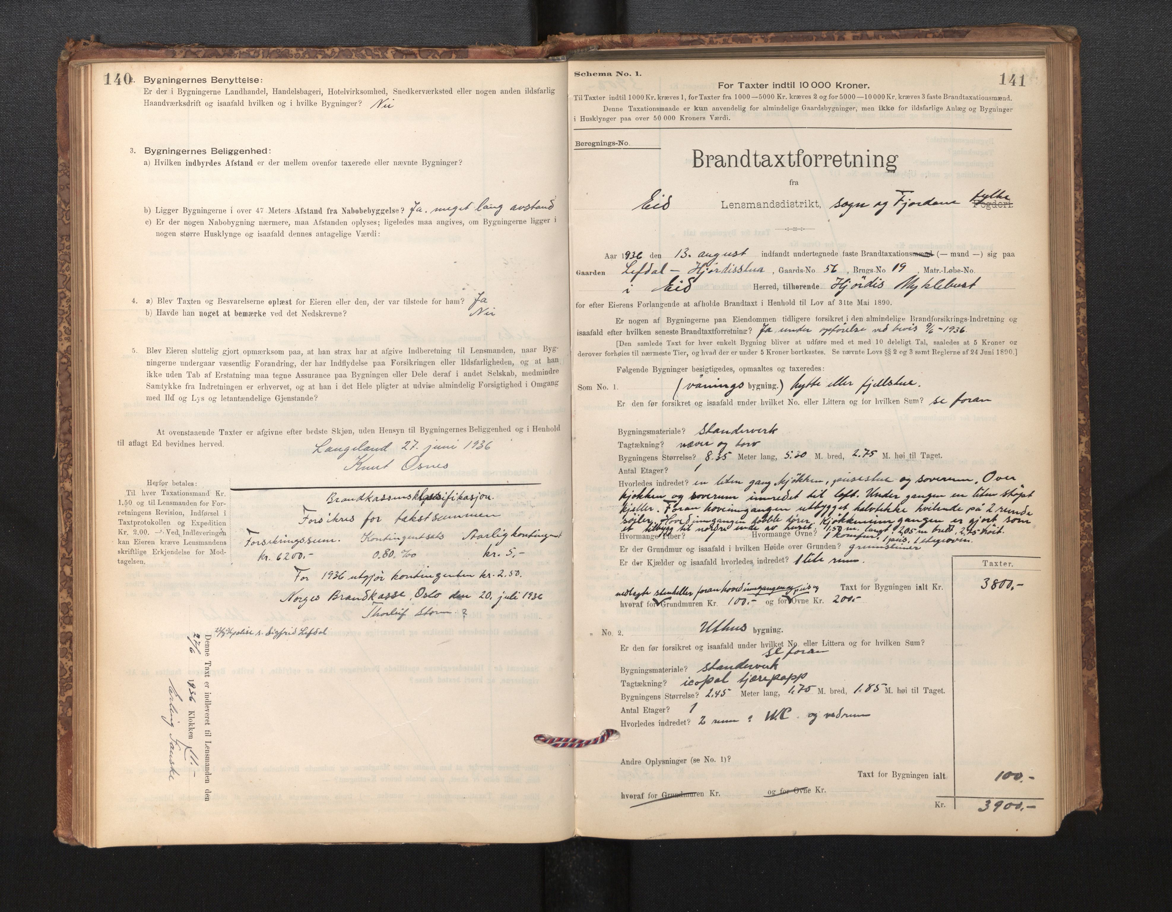 Lensmannen i Eid, SAB/A-27001/0012/L0007: Branntakstprotokoll, skjematakst, 1896-1929, s. 140-141