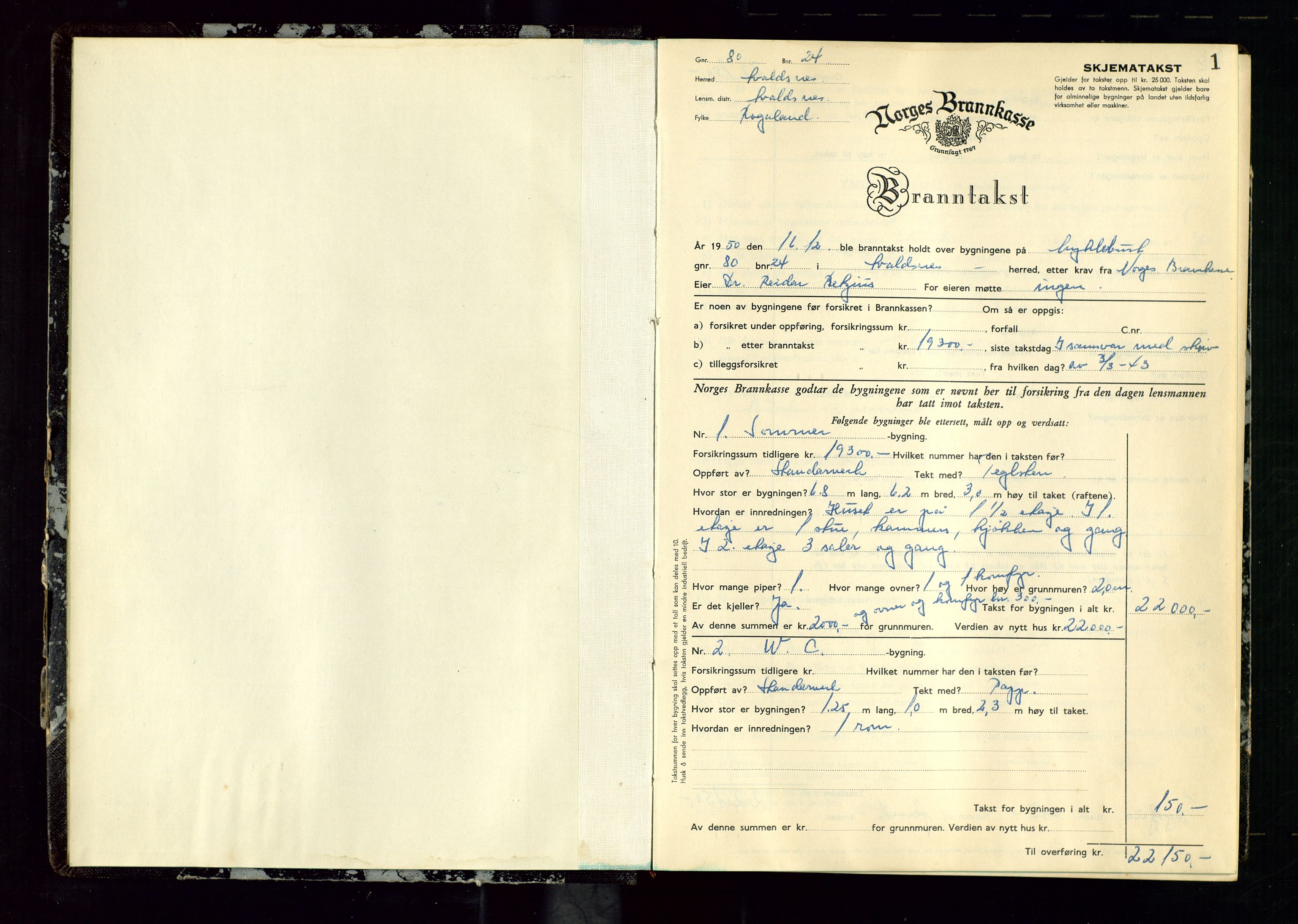 Avaldsnes lensmannskontor, SAST/A-100286/Gob/L0003: "Branntakstprotokoll for Avaldsnes lensmannsdistrikt ", 1950-1952, s. 1