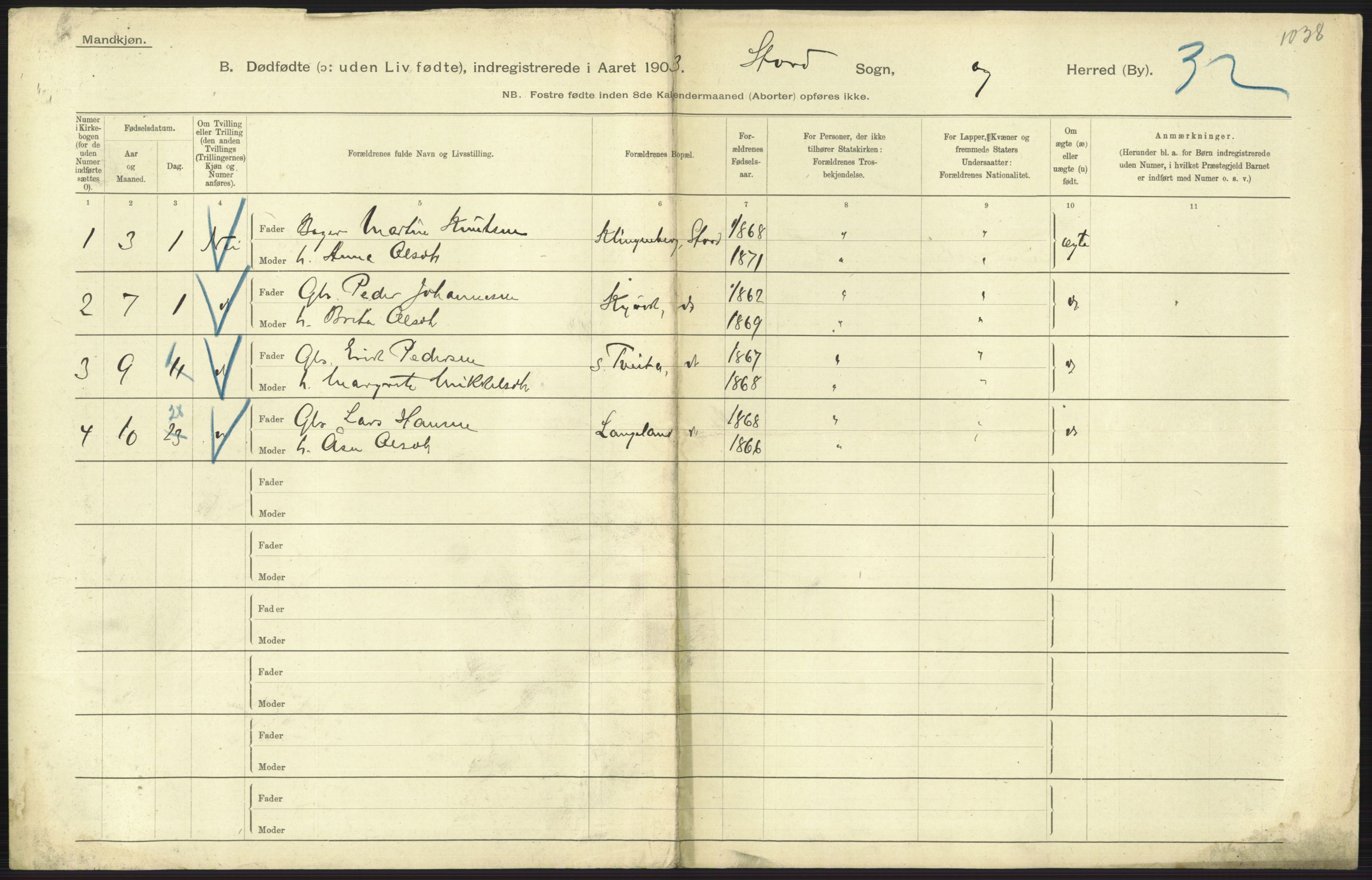 Statistisk sentralbyrå, Sosiodemografiske emner, Befolkning, AV/RA-S-2228/D/Df/Dfa/Dfaa/L0024: Smålenenes - Stavanger amt: Dødfødte. Bygder., 1903, s. 533