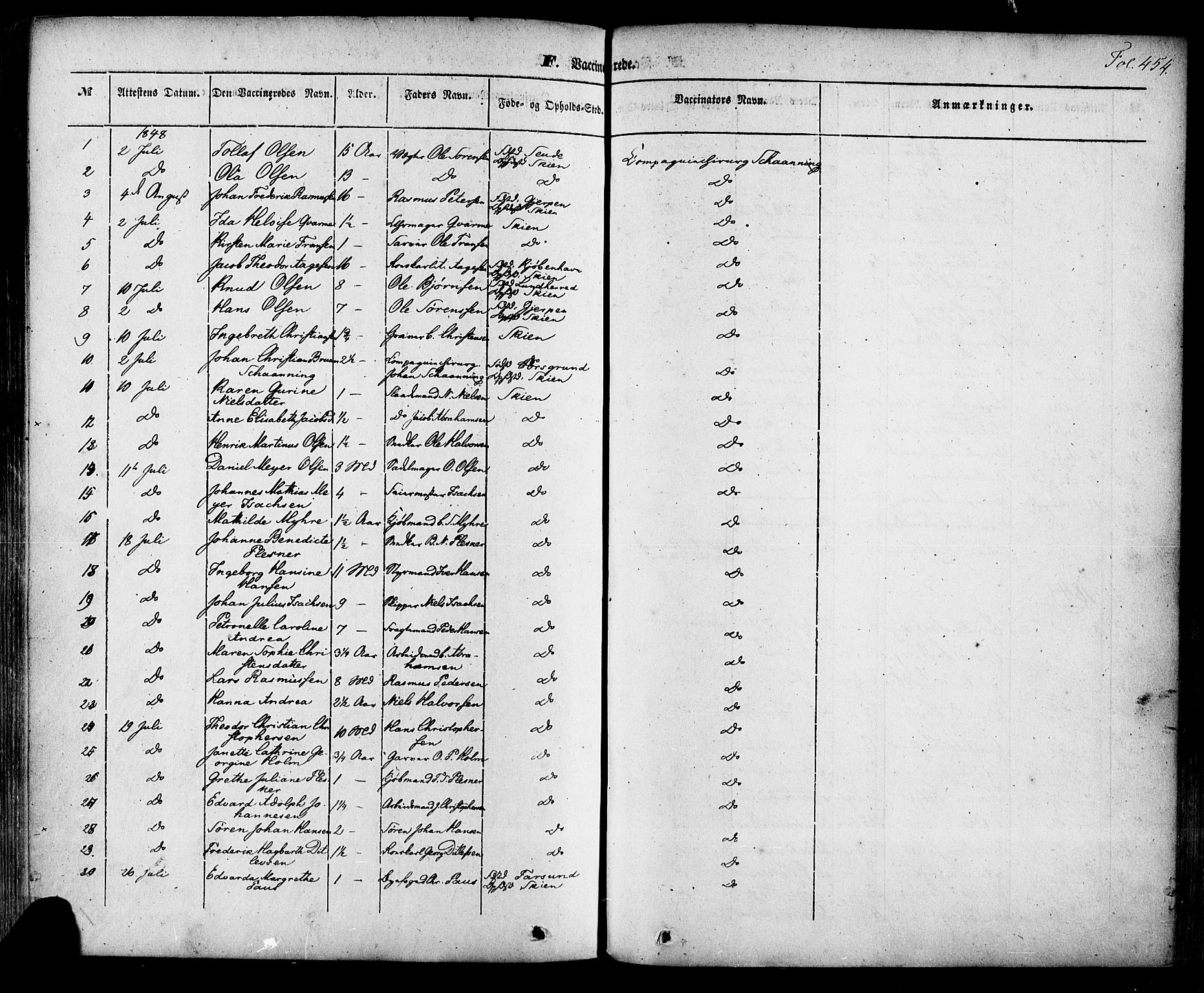 Skien kirkebøker, AV/SAKO-A-302/F/Fa/L0006a: Ministerialbok nr. 6A, 1843-1856, s. 454