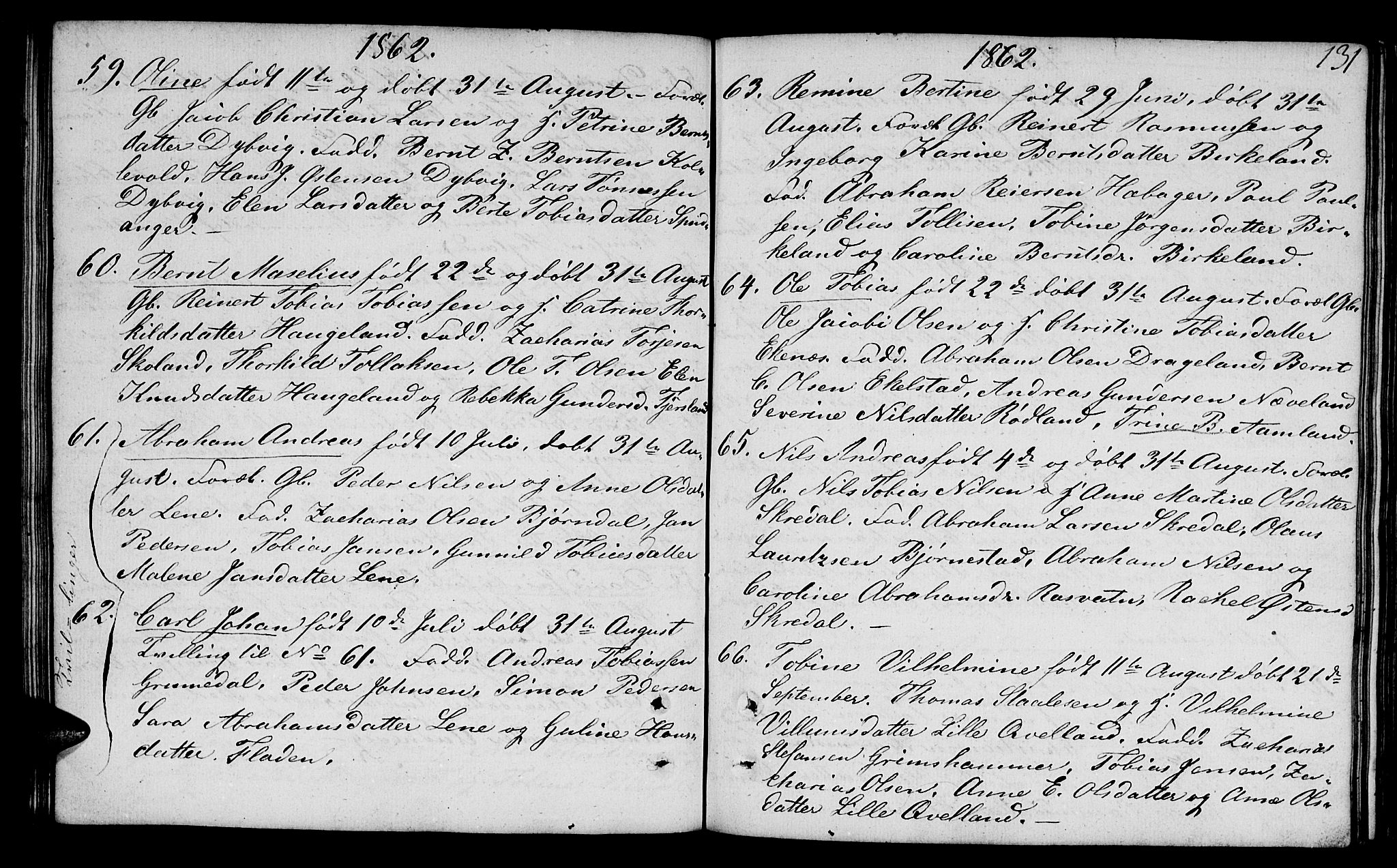 Lyngdal sokneprestkontor, AV/SAK-1111-0029/F/Fb/Fbc/L0002: Klokkerbok nr. B 2, 1849-1864, s. 131
