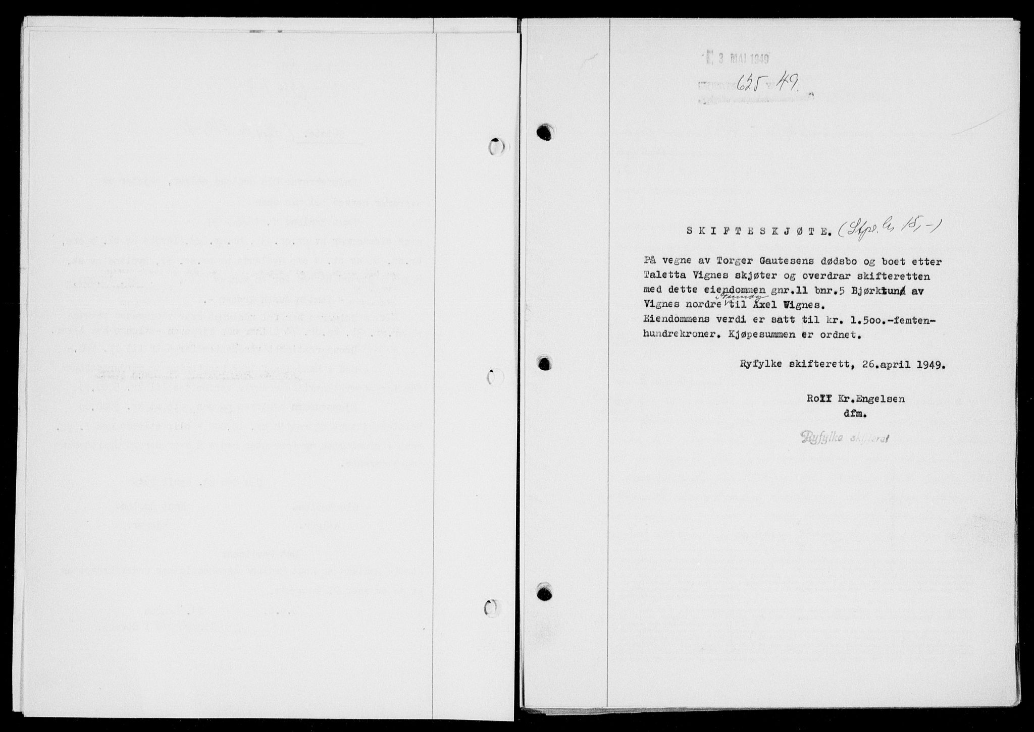 Ryfylke tingrett, SAST/A-100055/001/II/IIB/L0104: Pantebok nr. 83, 1948-1949, Dagboknr: 625/1949