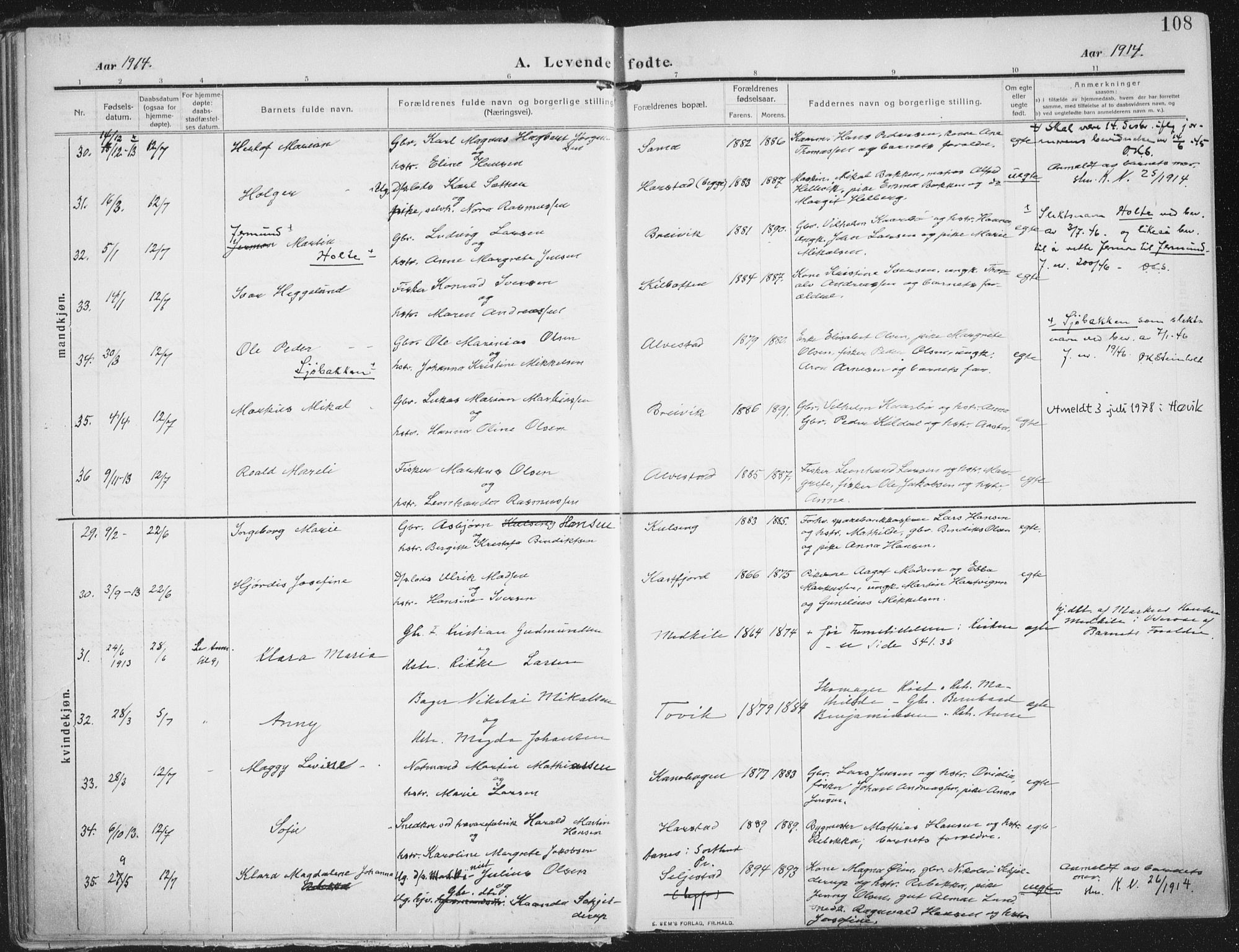 Trondenes sokneprestkontor, AV/SATØ-S-1319/H/Ha/L0018kirke: Ministerialbok nr. 18, 1909-1918, s. 108