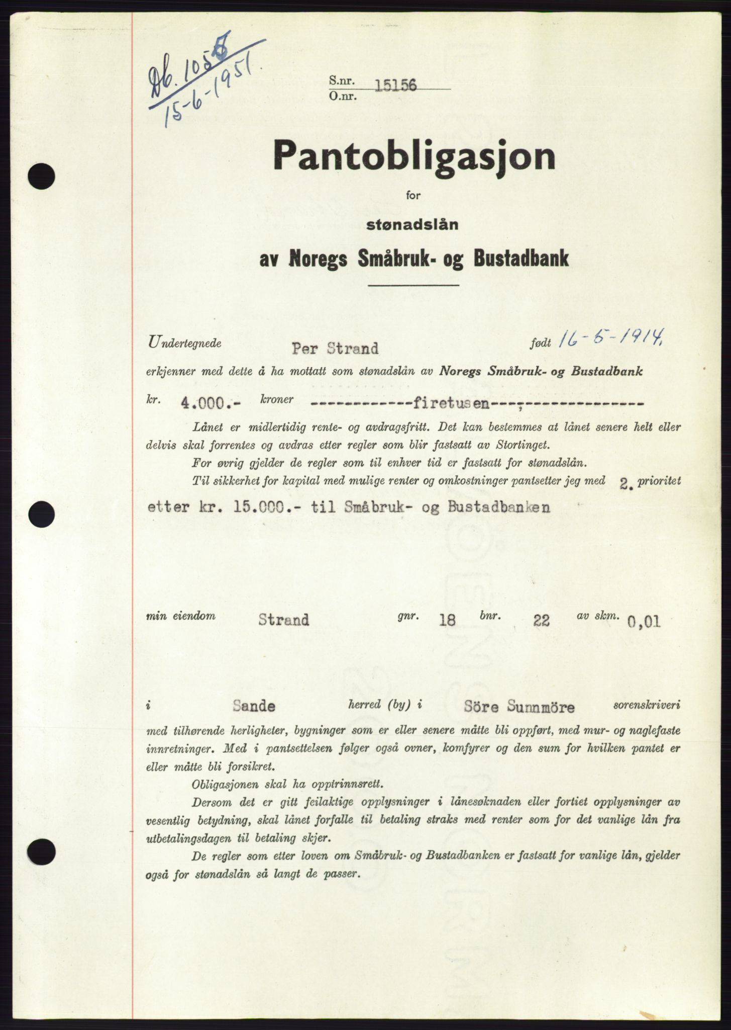 Søre Sunnmøre sorenskriveri, SAT/A-4122/1/2/2C/L0120: Pantebok nr. 8B, 1951-1951, Dagboknr: 1055/1951