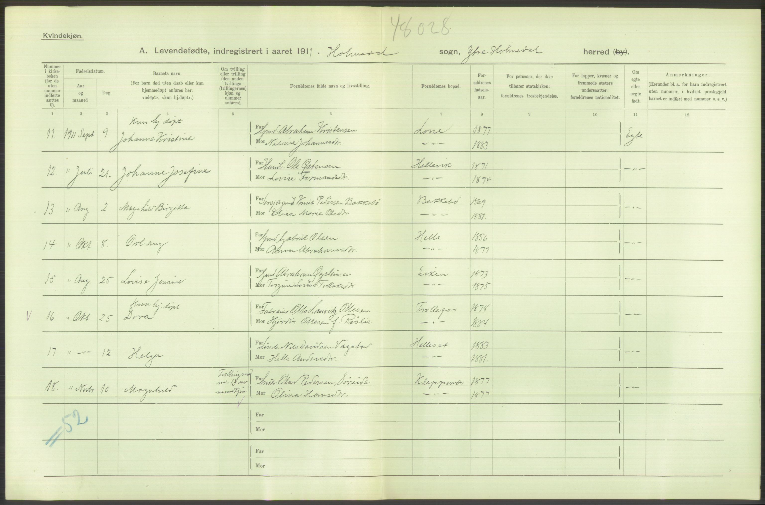 Statistisk sentralbyrå, Sosiodemografiske emner, Befolkning, AV/RA-S-2228/D/Df/Dfb/Dfba/L0033: N. Bergenhus amt:  Levendefødte menn og kvinner. Bygder., 1911, s. 528