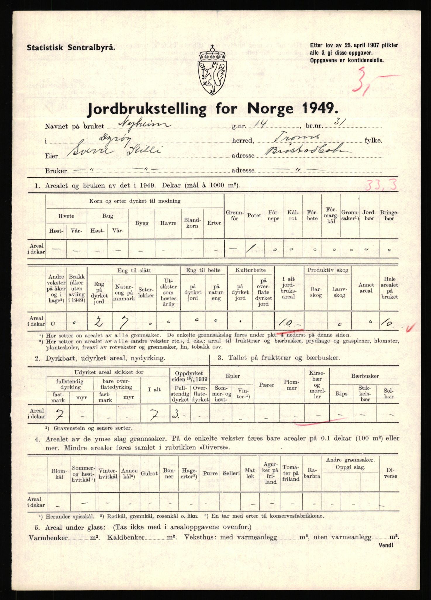 Statistisk sentralbyrå, Næringsøkonomiske emner, Jordbruk, skogbruk, jakt, fiske og fangst, AV/RA-S-2234/G/Gc/L0440: Troms: Sørreisa og Dyrøy, 1949, s. 934