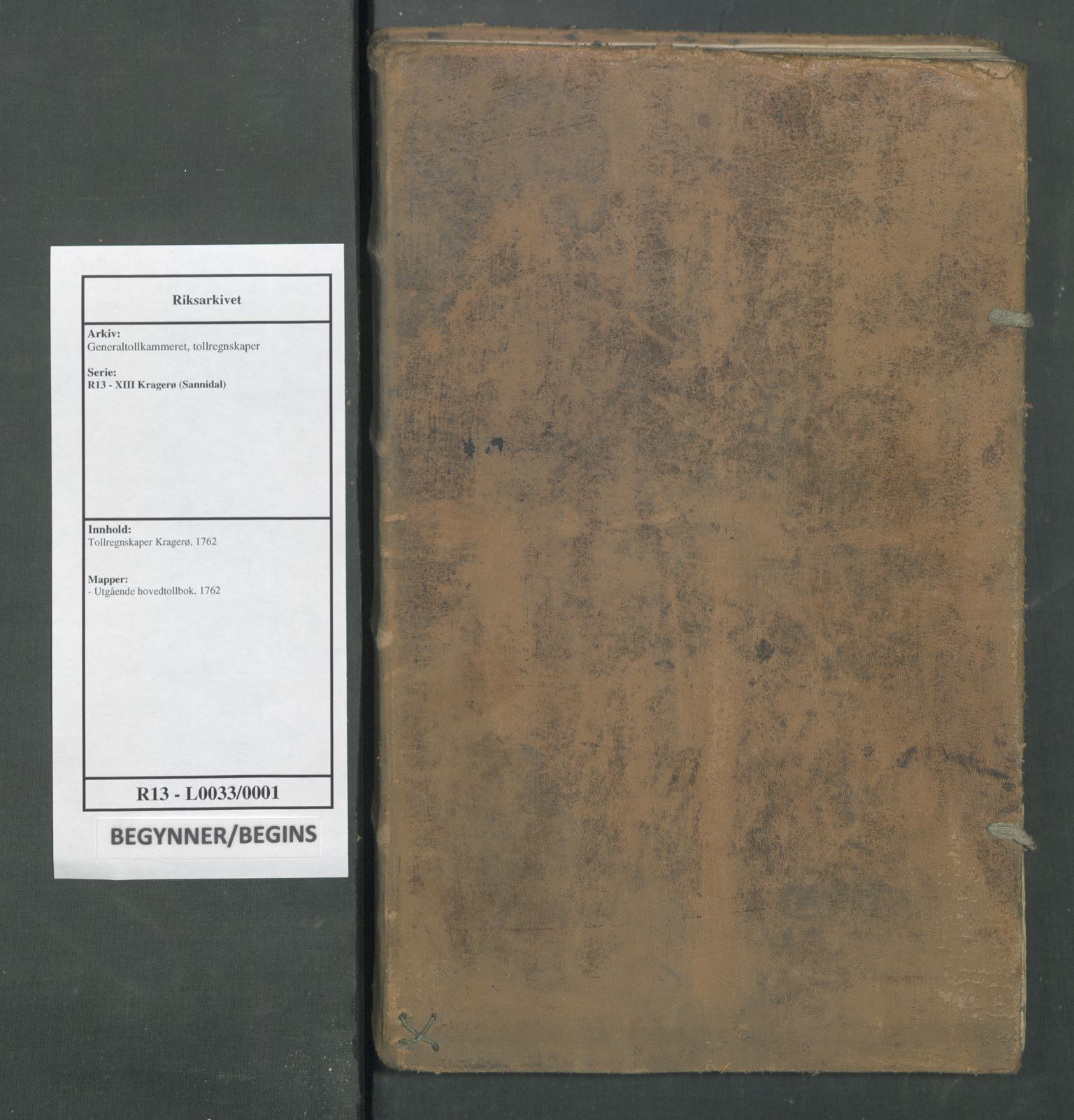 Generaltollkammeret, tollregnskaper, RA/EA-5490/R13/L0033/0001: Tollregnskaper Kragerø / Utgående hovedtollbok, 1762