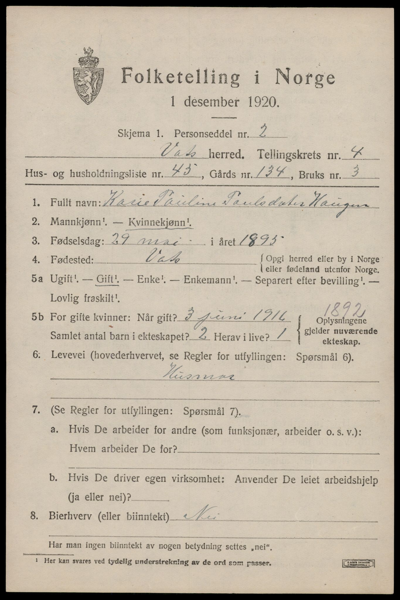 SAST, Folketelling 1920 for 1155 Vats herred, 1920, s. 1871
