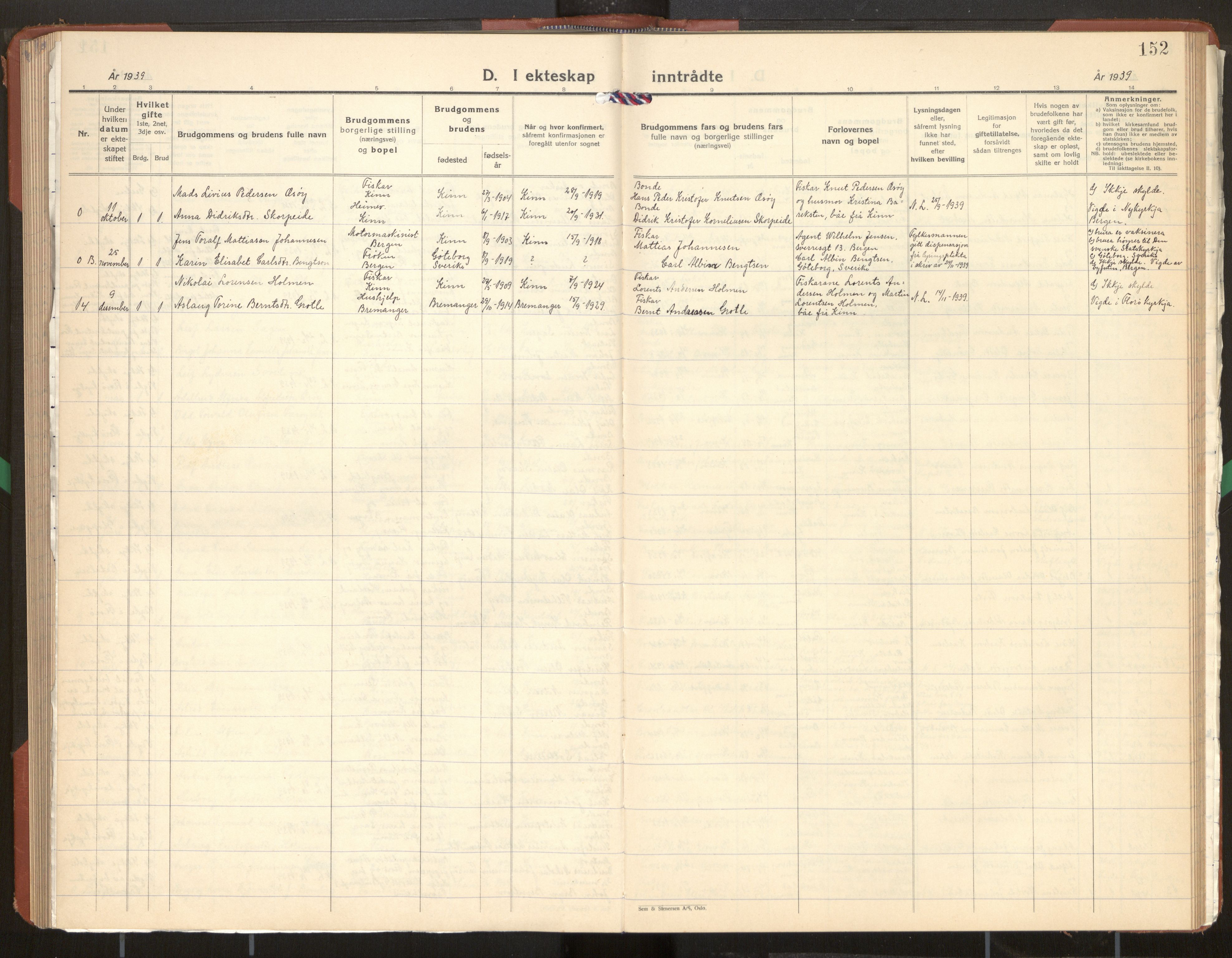 Kinn sokneprestembete, SAB/A-80801/H/Hab/Haba/L0003: Klokkerbok nr. A 3, 1939-1960, s. 152