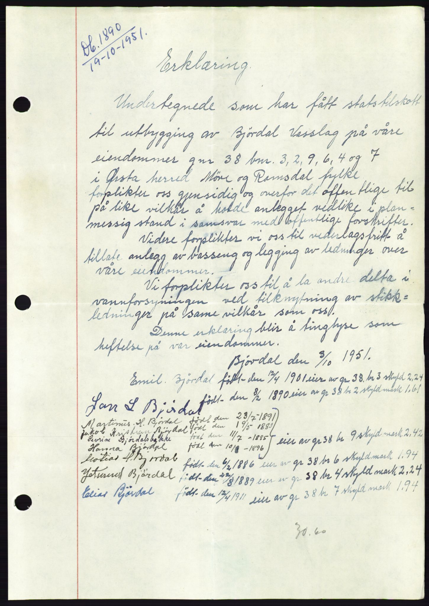 Søre Sunnmøre sorenskriveri, AV/SAT-A-4122/1/2/2C/L0090: Pantebok nr. 16A, 1951-1951, Dagboknr: 1890/1951