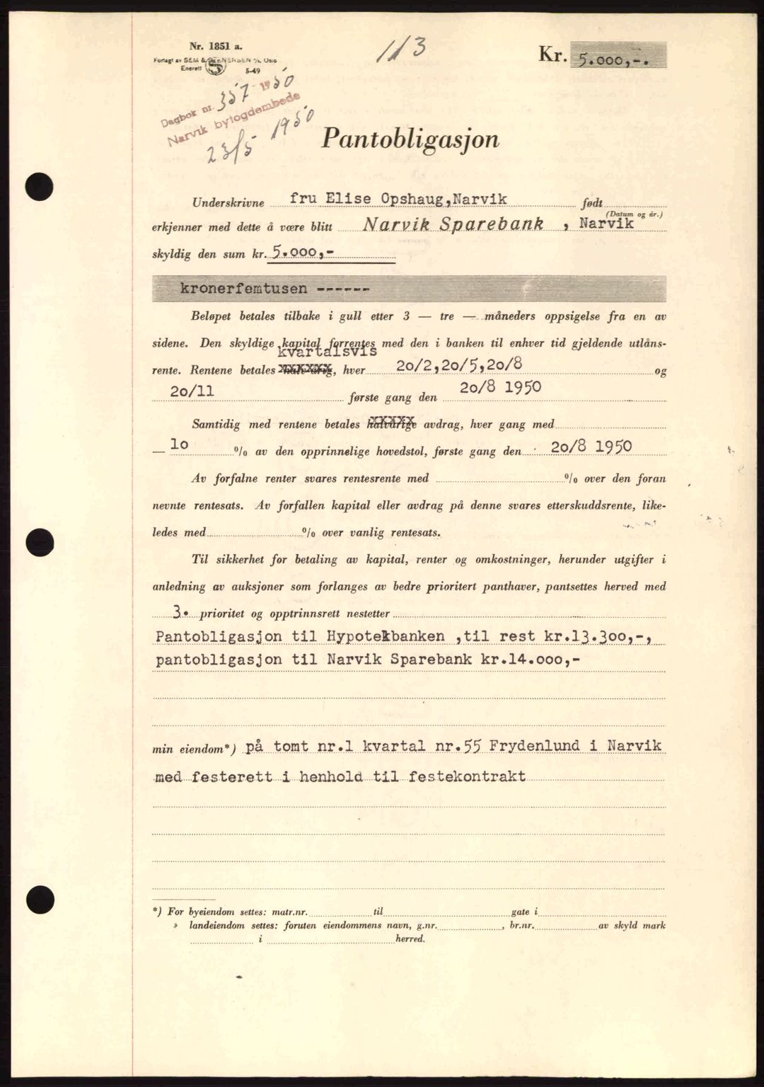 Narvik sorenskriveri, SAT/A-0002/1/2/2C/2Ca: Pantebok nr. A26, 1950-1950, Dagboknr: 357/1950