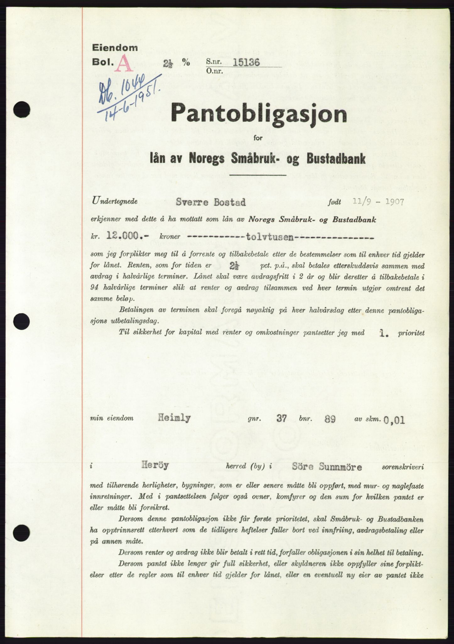 Søre Sunnmøre sorenskriveri, SAT/A-4122/1/2/2C/L0120: Pantebok nr. 8B, 1951-1951, Dagboknr: 1044/1951