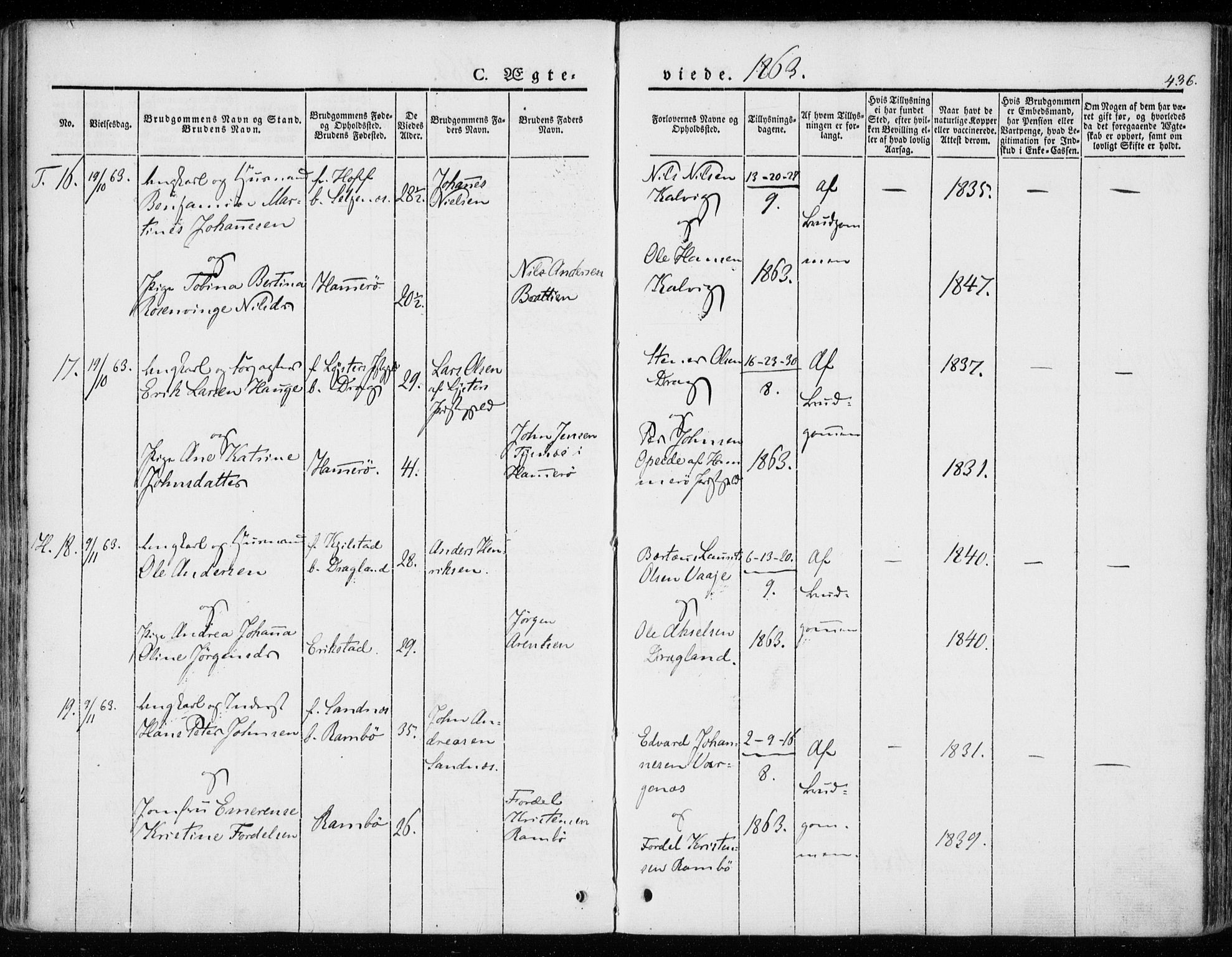 Ministerialprotokoller, klokkerbøker og fødselsregistre - Nordland, AV/SAT-A-1459/872/L1033: Ministerialbok nr. 872A08, 1840-1863, s. 436