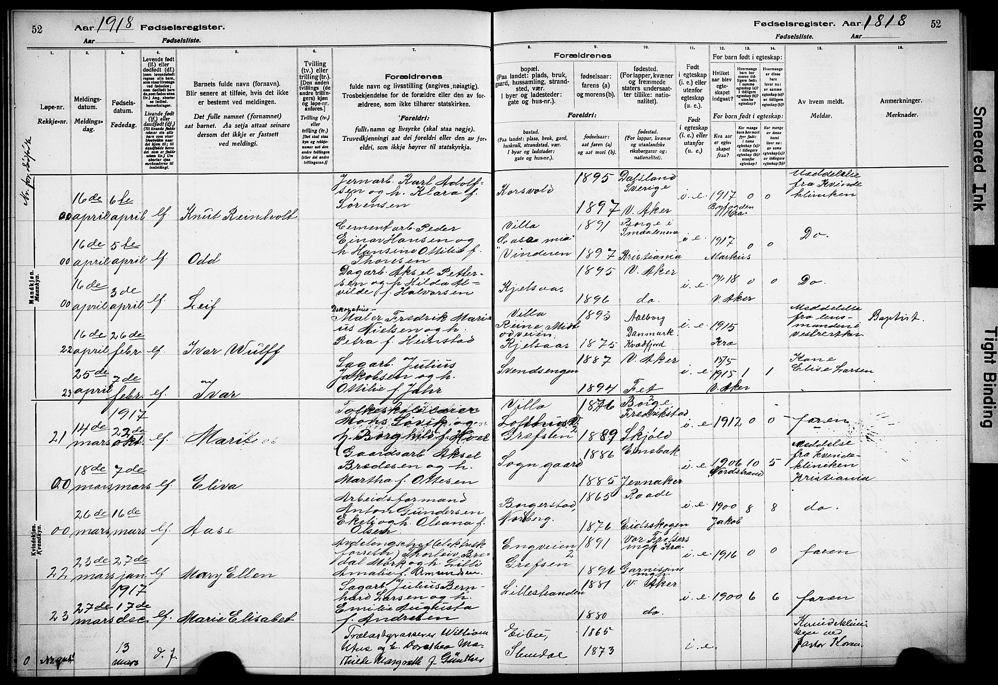 Vestre Aker prestekontor Kirkebøker, AV/SAO-A-10025/J/Ja/L0001: Fødselsregister nr. 1, 1916-1922, s. 52