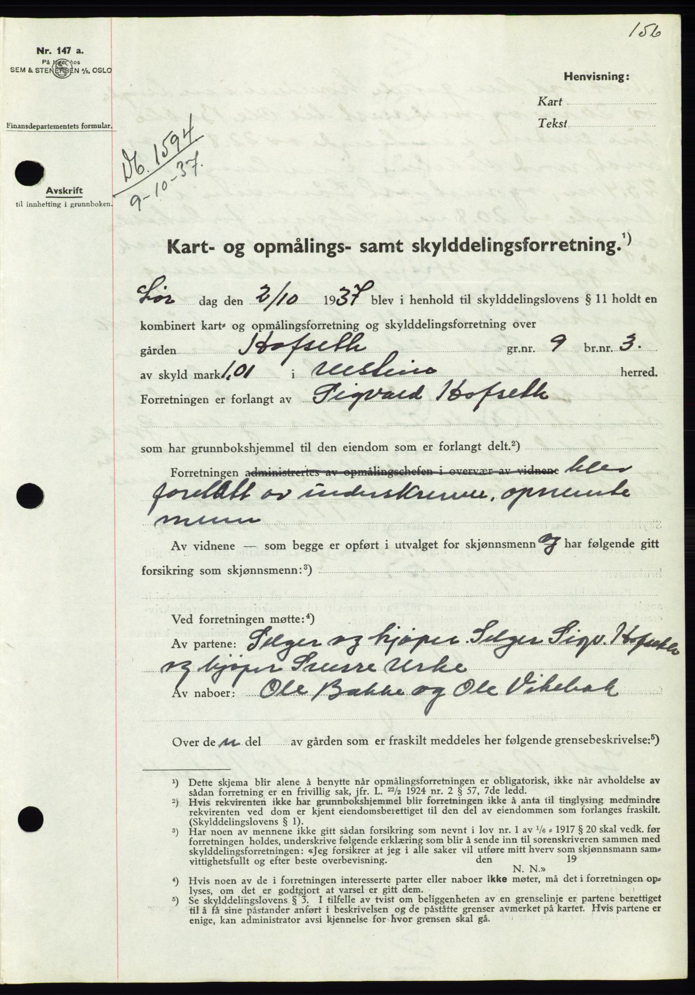 Søre Sunnmøre sorenskriveri, AV/SAT-A-4122/1/2/2C/L0064: Pantebok nr. 58, 1937-1938, Dagboknr: 1594/1937