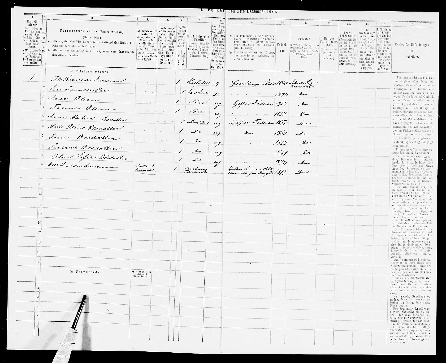 SAK, Folketelling 1875 for 1037P Kvinesdal prestegjeld, 1875, s. 914