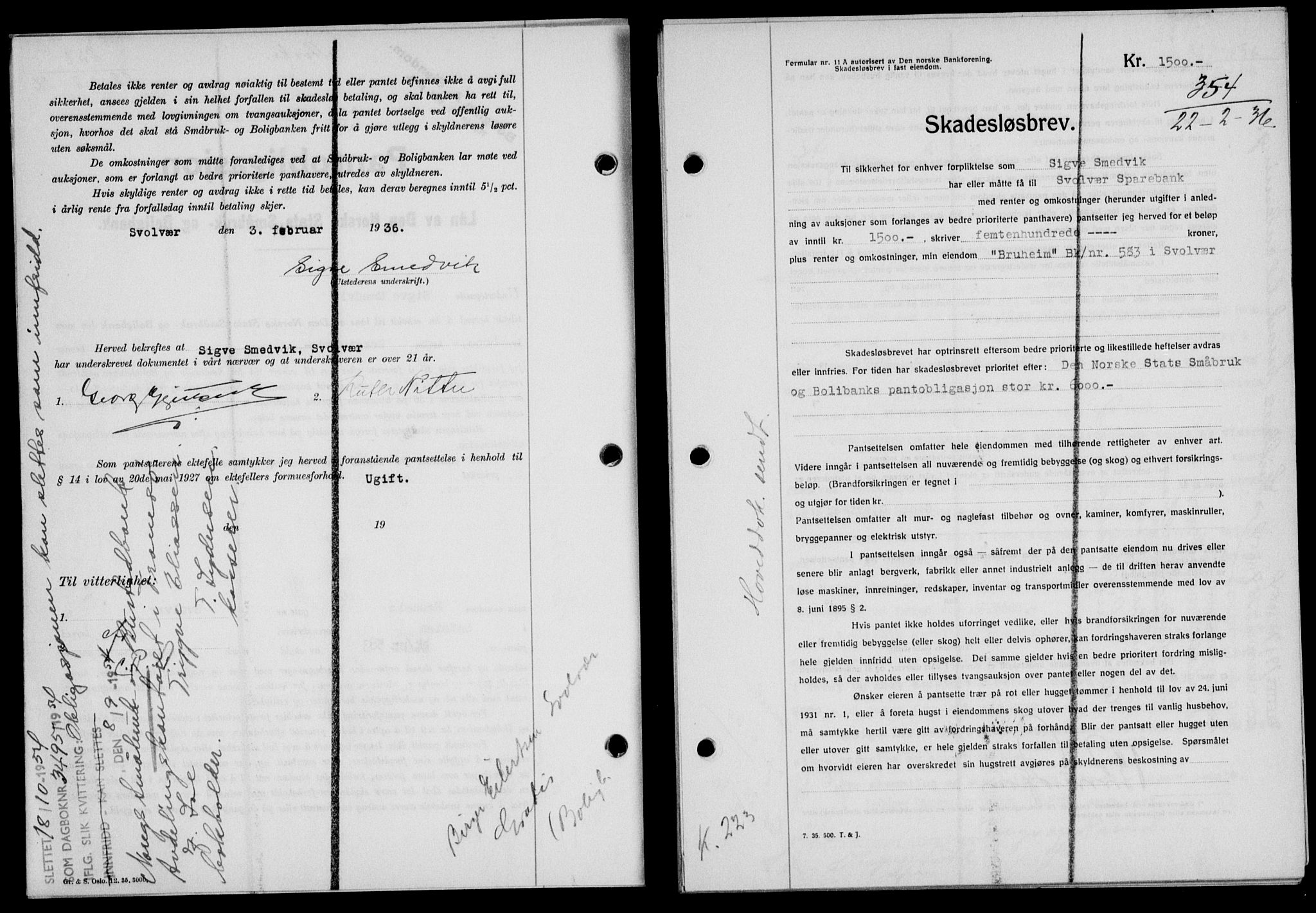 Lofoten sorenskriveri, SAT/A-0017/1/2/2C/L0033b: Pantebok nr. 33b, 1936-1936, Dagboknr: 354/1936