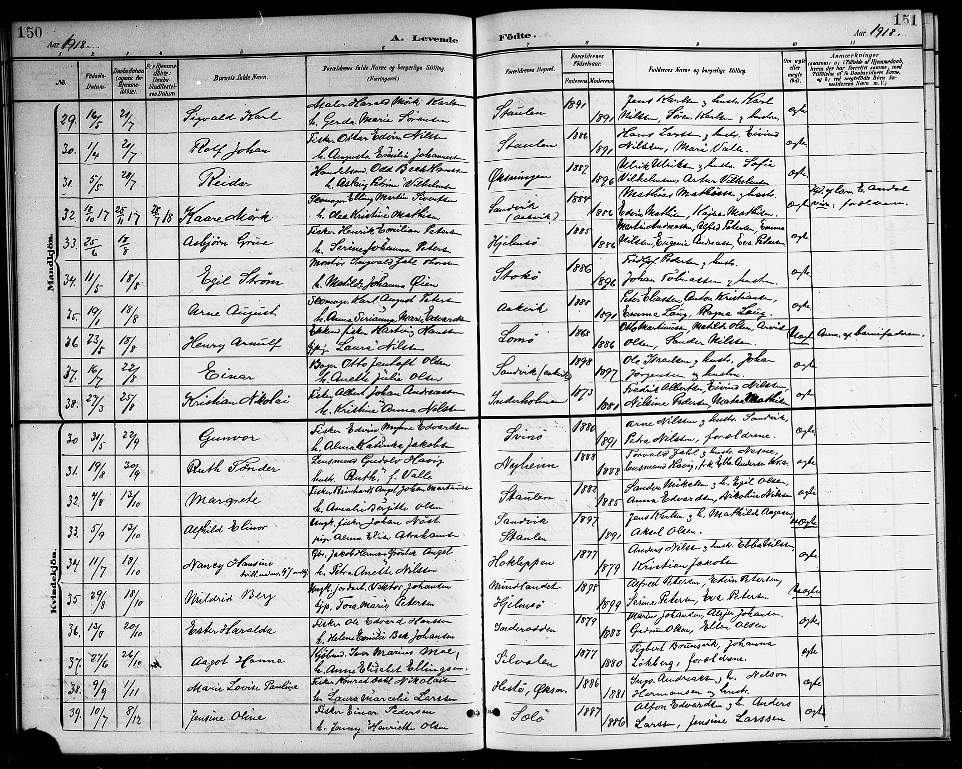 Ministerialprotokoller, klokkerbøker og fødselsregistre - Nordland, AV/SAT-A-1459/834/L0516: Klokkerbok nr. 834C06, 1902-1918, s. 150-151