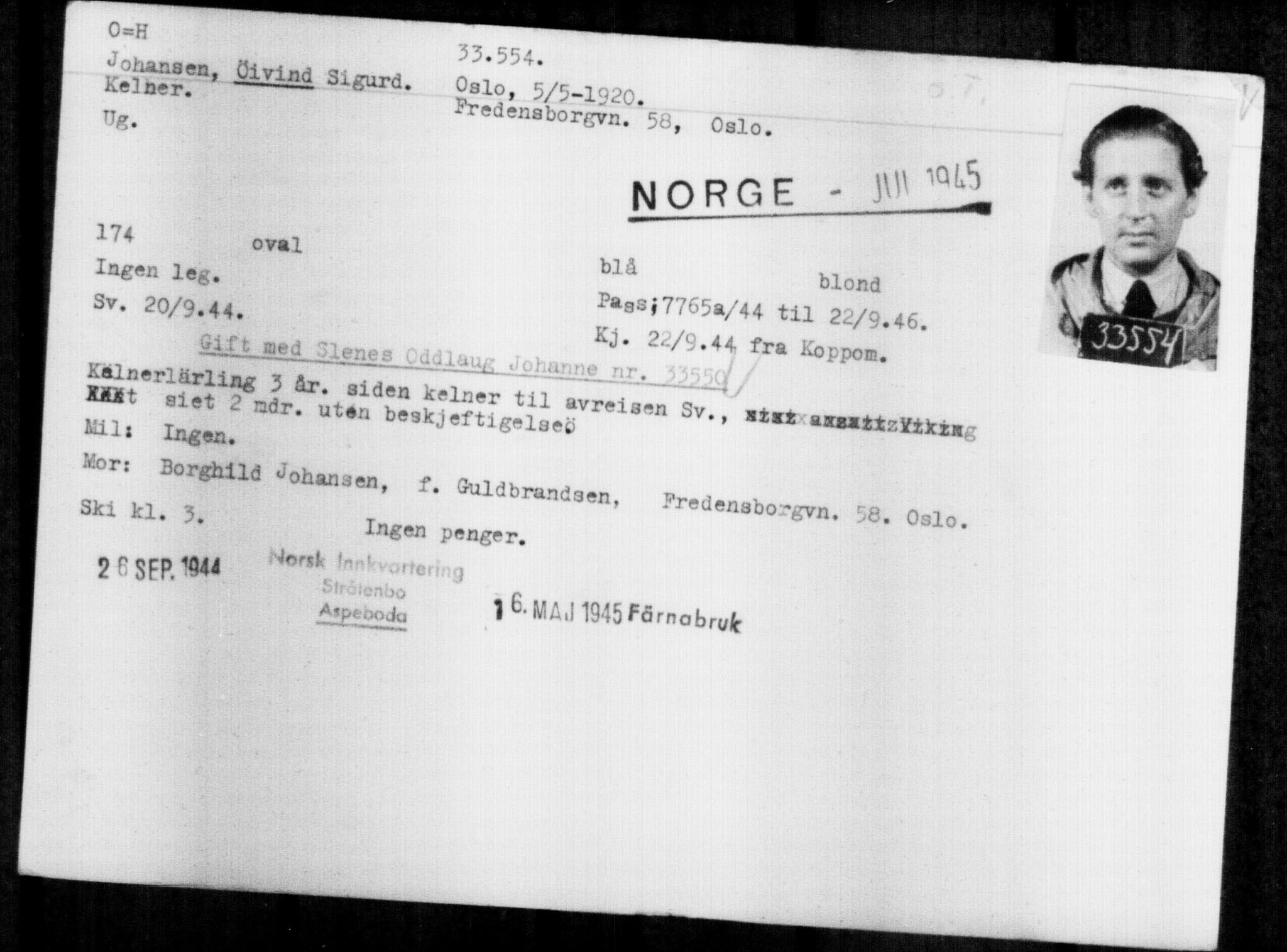 Utenriksstasjonene, Legasjonen i Stockholm, Flyktningkontoret, AV/RA-S-6753/V/Va/L0013: Kjesäterkartoteket, flyktninger med registreringsnr. 31500-34731, 1940-1945, s. 2168