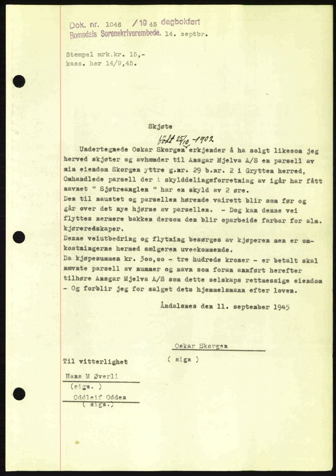 Romsdal sorenskriveri, SAT/A-4149/1/2/2C: Pantebok nr. A18, 1945-1945, Dagboknr: 1046/1945