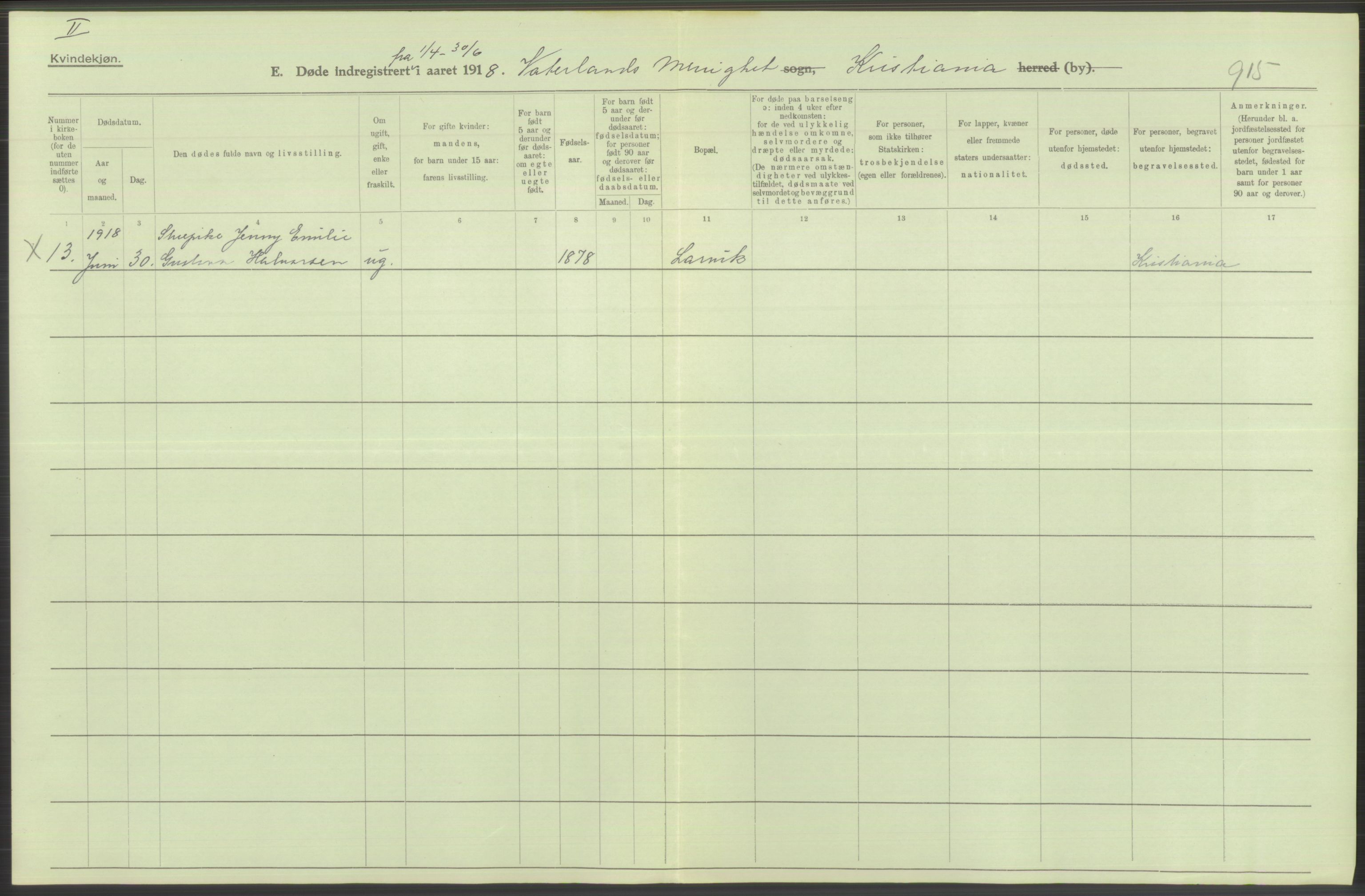 Statistisk sentralbyrå, Sosiodemografiske emner, Befolkning, AV/RA-S-2228/D/Df/Dfb/Dfbh/L0011: Kristiania: Døde, dødfødte, 1918, s. 26