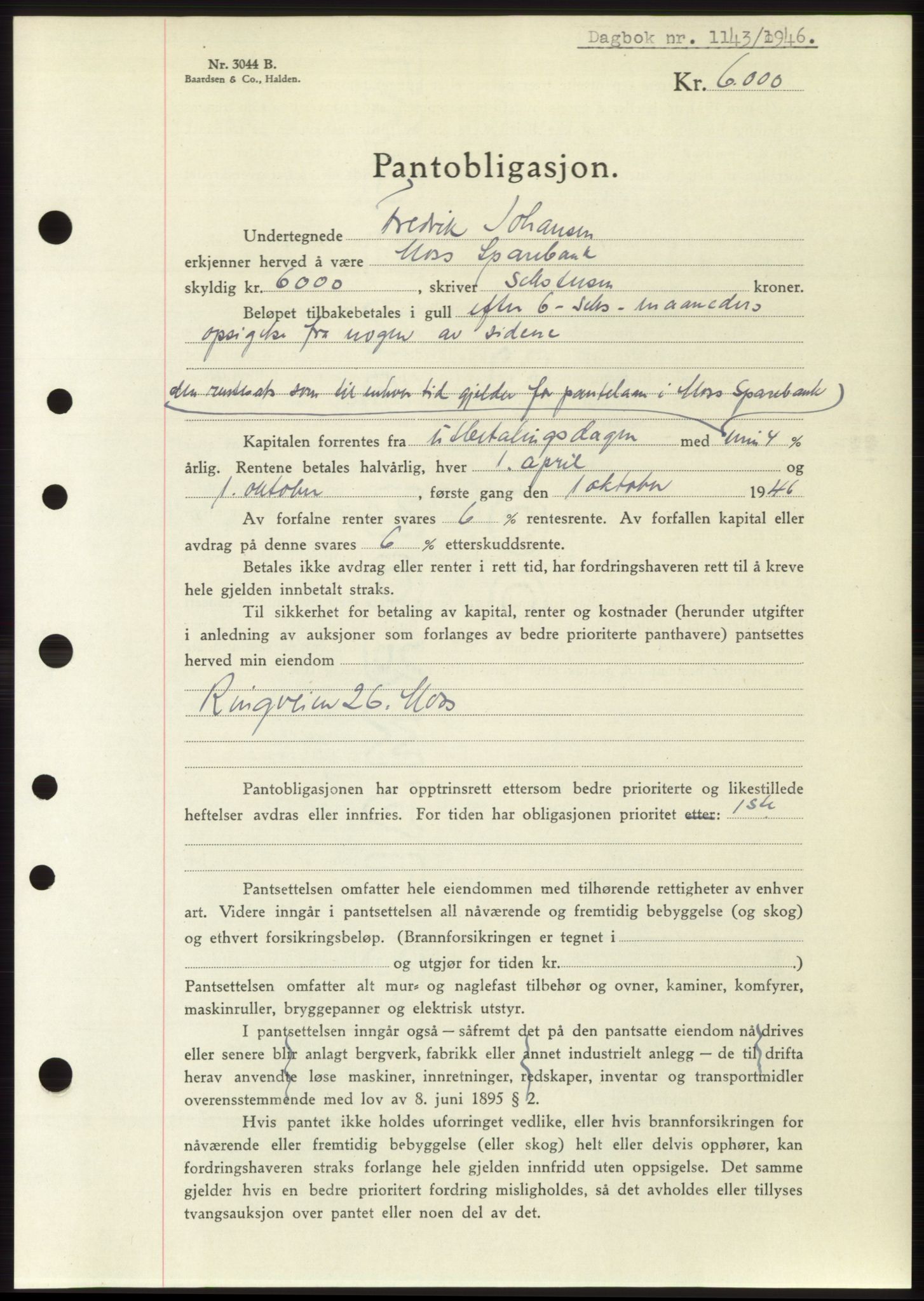 Moss sorenskriveri, SAO/A-10168: Pantebok nr. B15, 1946-1946, Dagboknr: 1143/1946