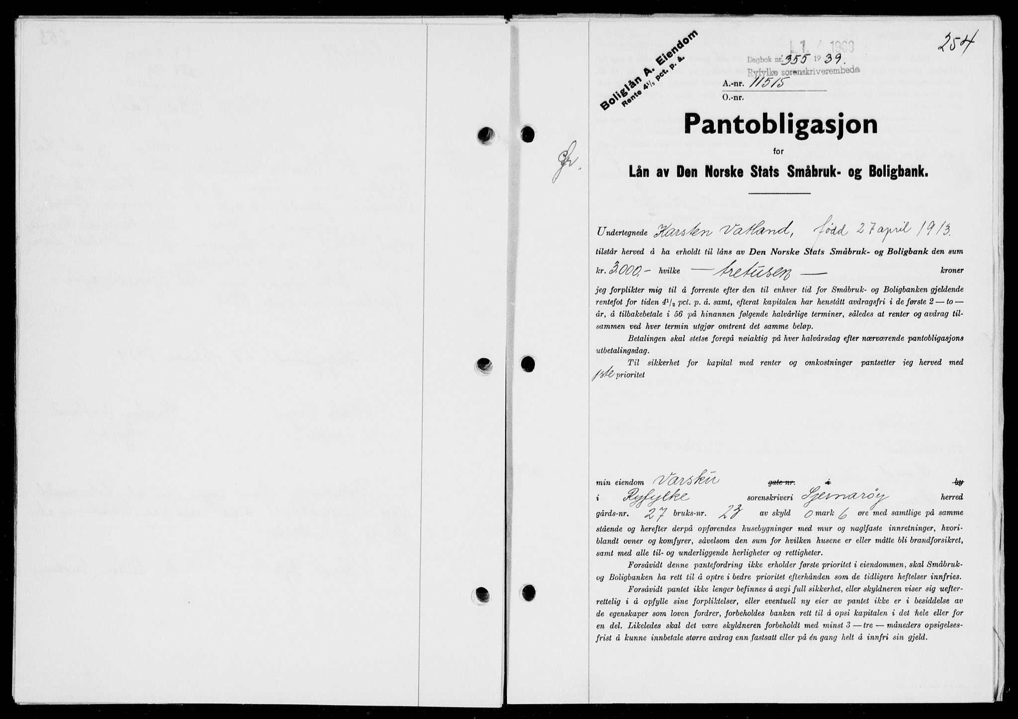 Ryfylke tingrett, SAST/A-100055/001/II/IIB/L0079: Pantebok nr. 58, 1939-1939, Dagboknr: 355/1939