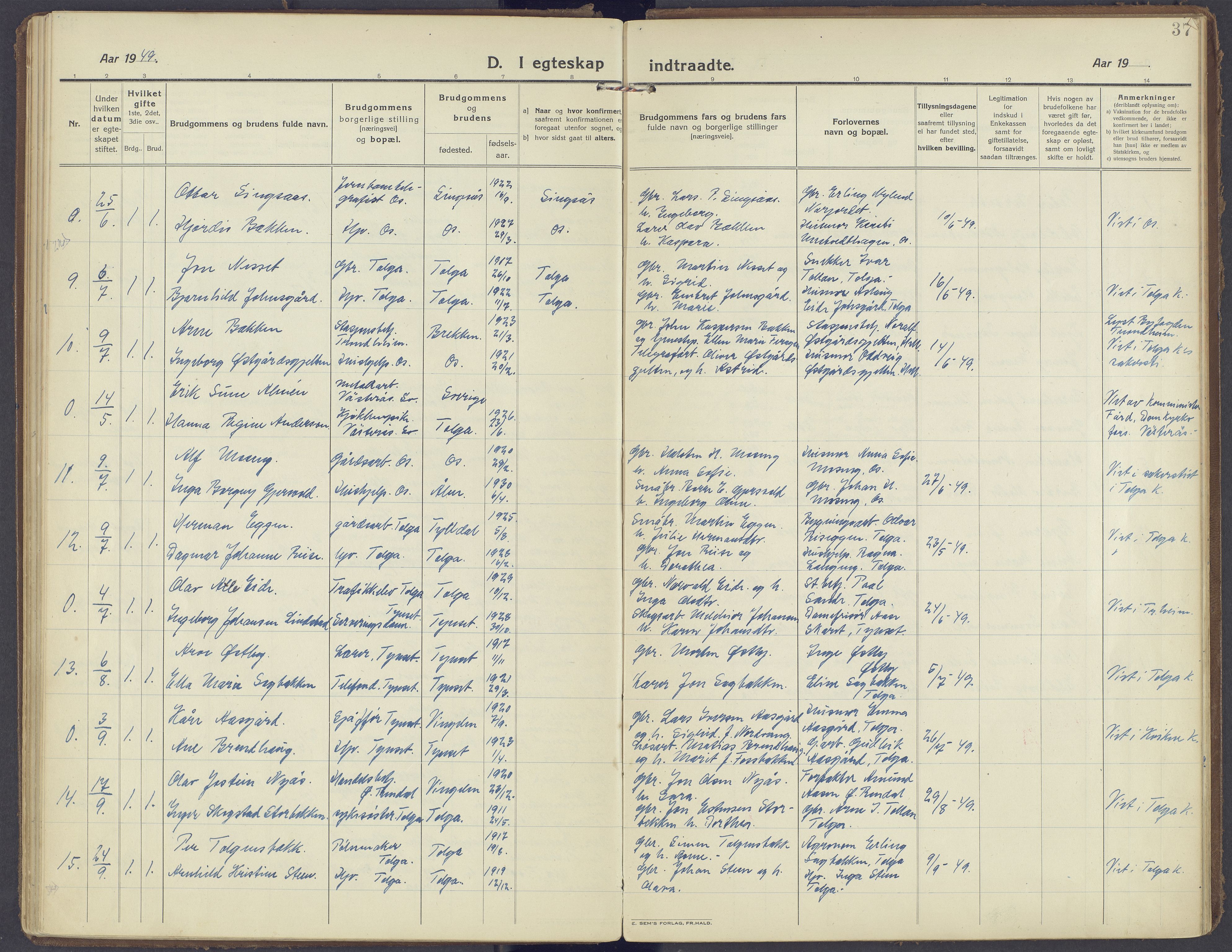 Tolga prestekontor, AV/SAH-PREST-062/K/L0019: Ministerialbok nr. 19, 1921-1974, s. 37