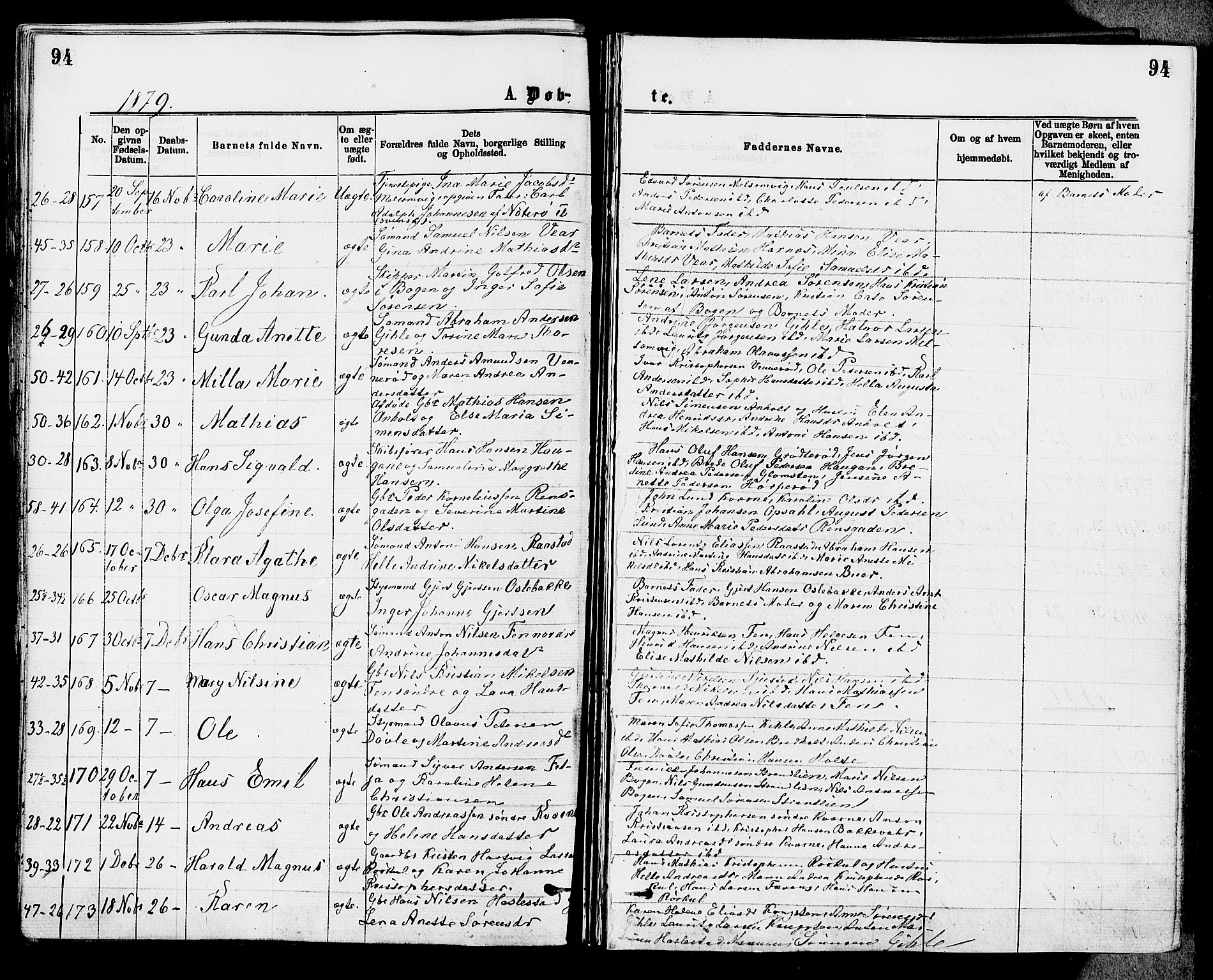 Stokke kirkebøker, AV/SAKO-A-320/F/Fa/L0009: Ministerialbok nr. I 9, 1872-1883, s. 94
