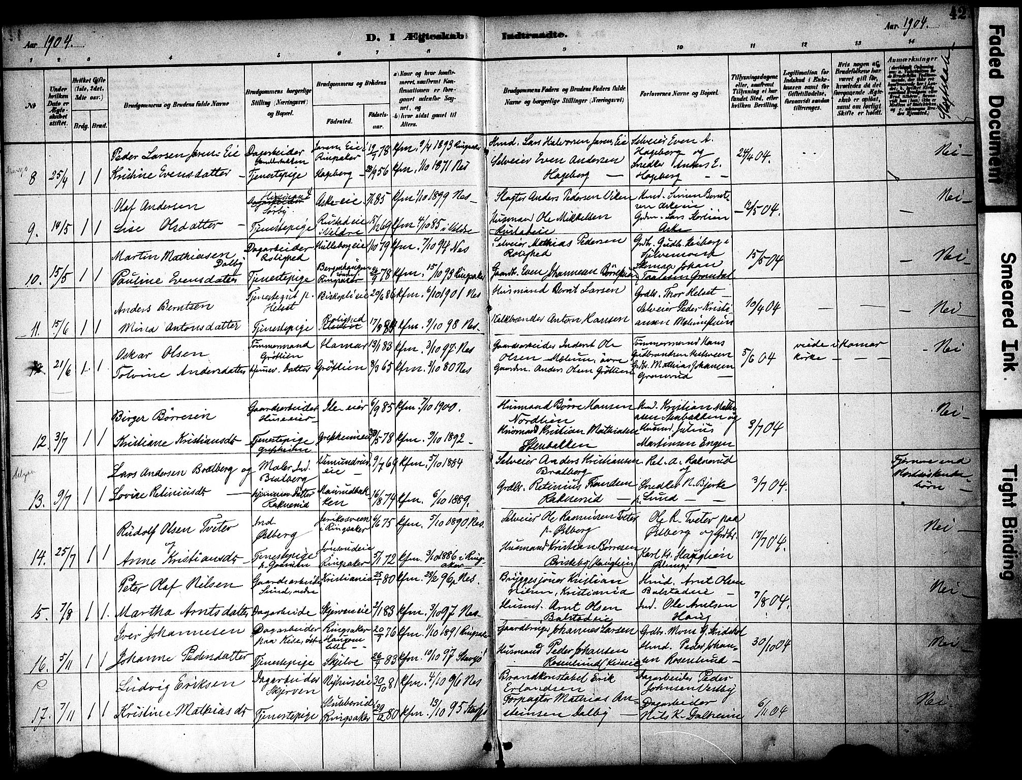 Nes prestekontor, Hedmark, AV/SAH-PREST-020/K/Ka/L0008: Ministerialbok nr. 8, 1883-1905, s. 42