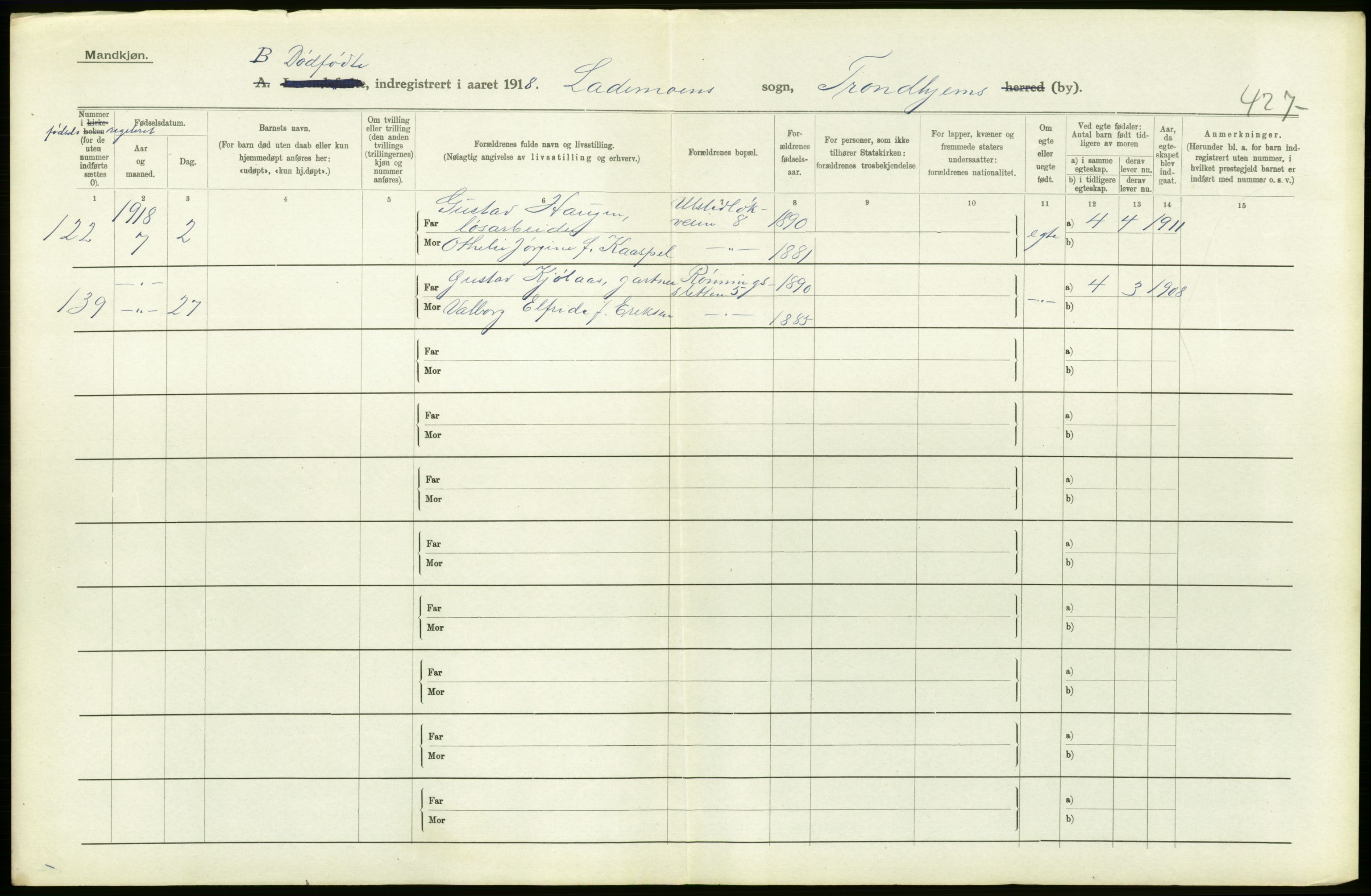 Statistisk sentralbyrå, Sosiodemografiske emner, Befolkning, AV/RA-S-2228/D/Df/Dfb/Dfbh/L0049: Trondheim: Døde, dødfødte., 1918, s. 334