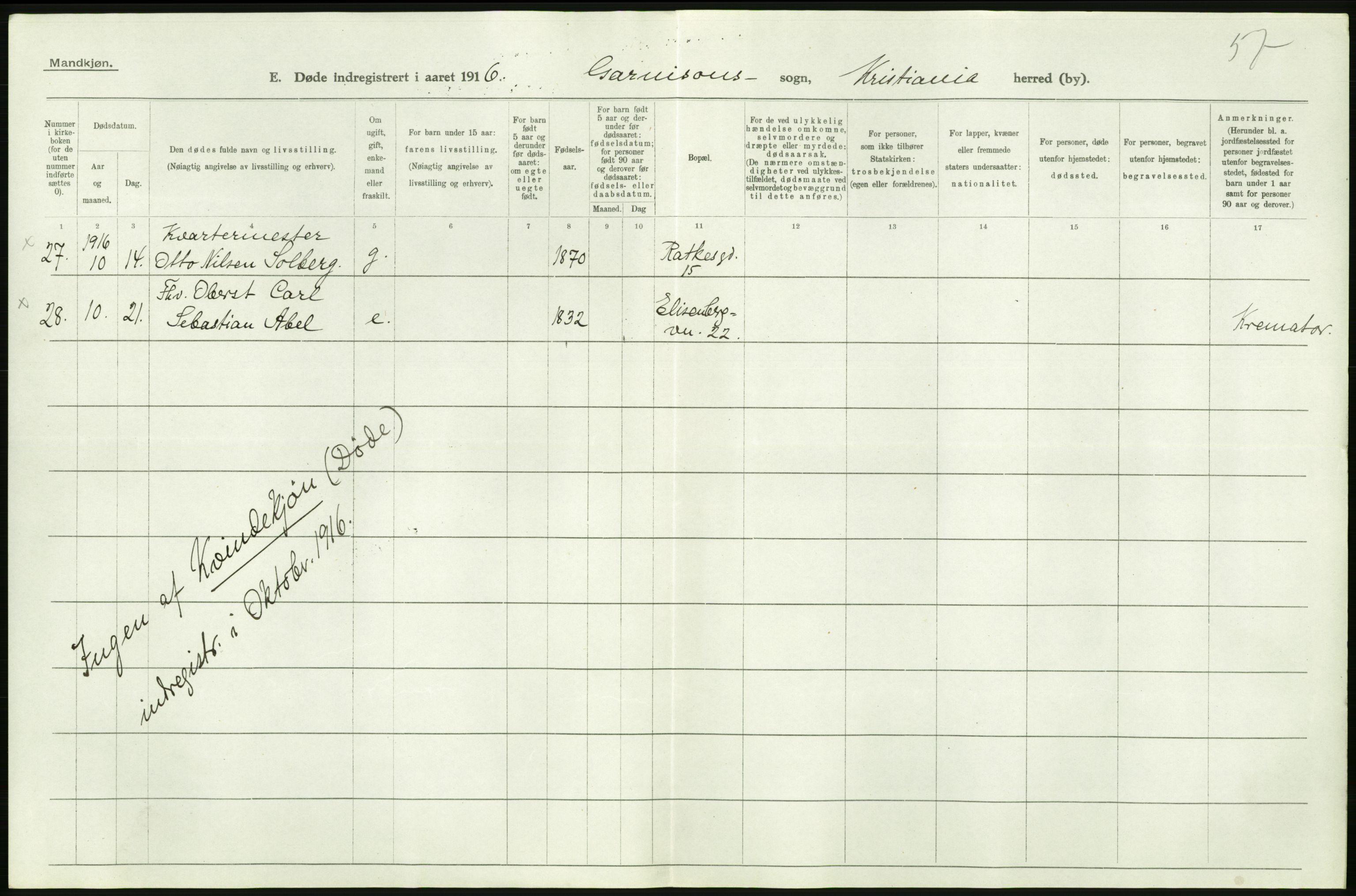 Statistisk sentralbyrå, Sosiodemografiske emner, Befolkning, AV/RA-S-2228/D/Df/Dfb/Dfbf/L0009: Kristiania: Døde., 1916, s. 570