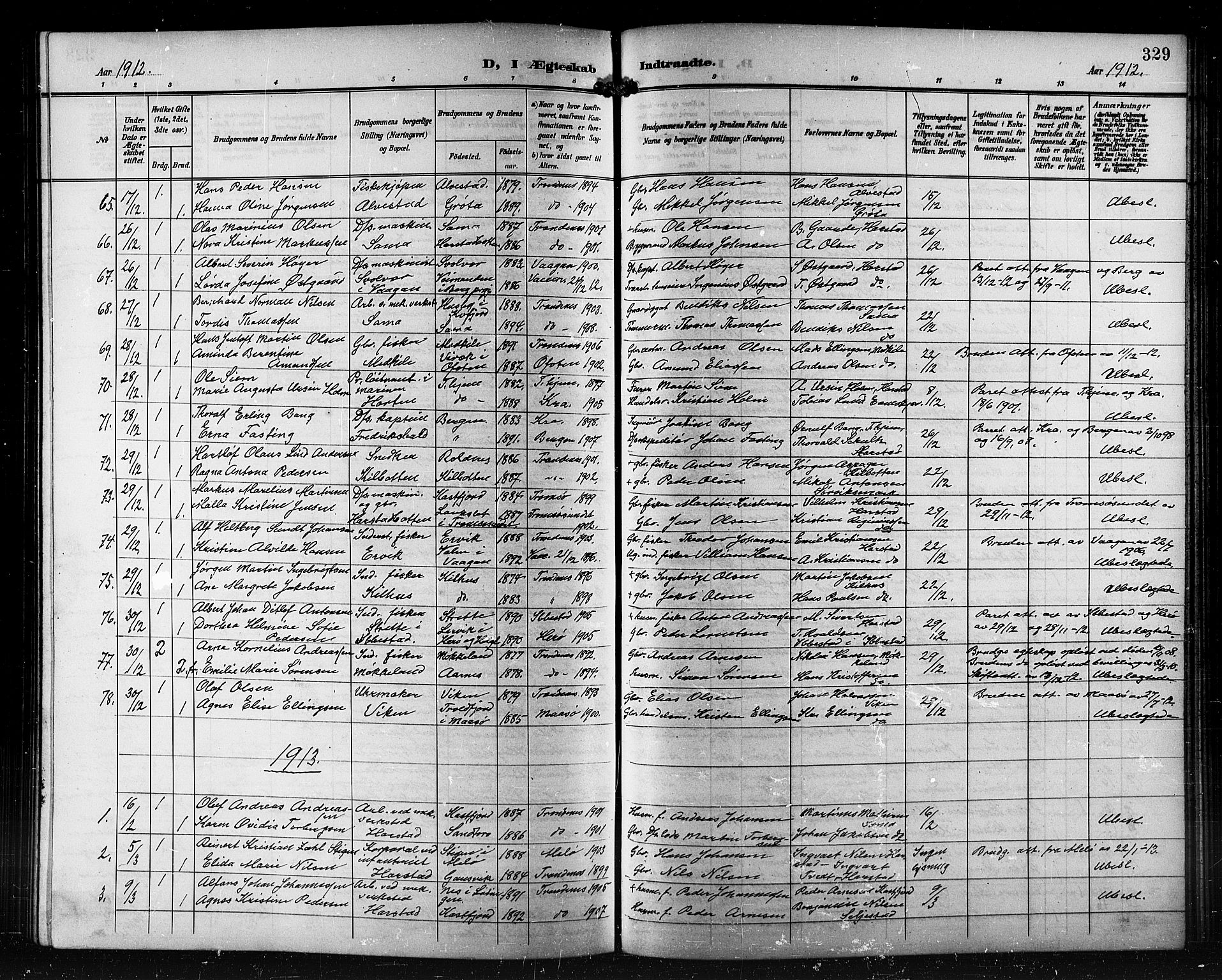 Trondenes sokneprestkontor, SATØ/S-1319/H/Hb/L0012klokker: Klokkerbok nr. 12, 1907-1916, s. 329