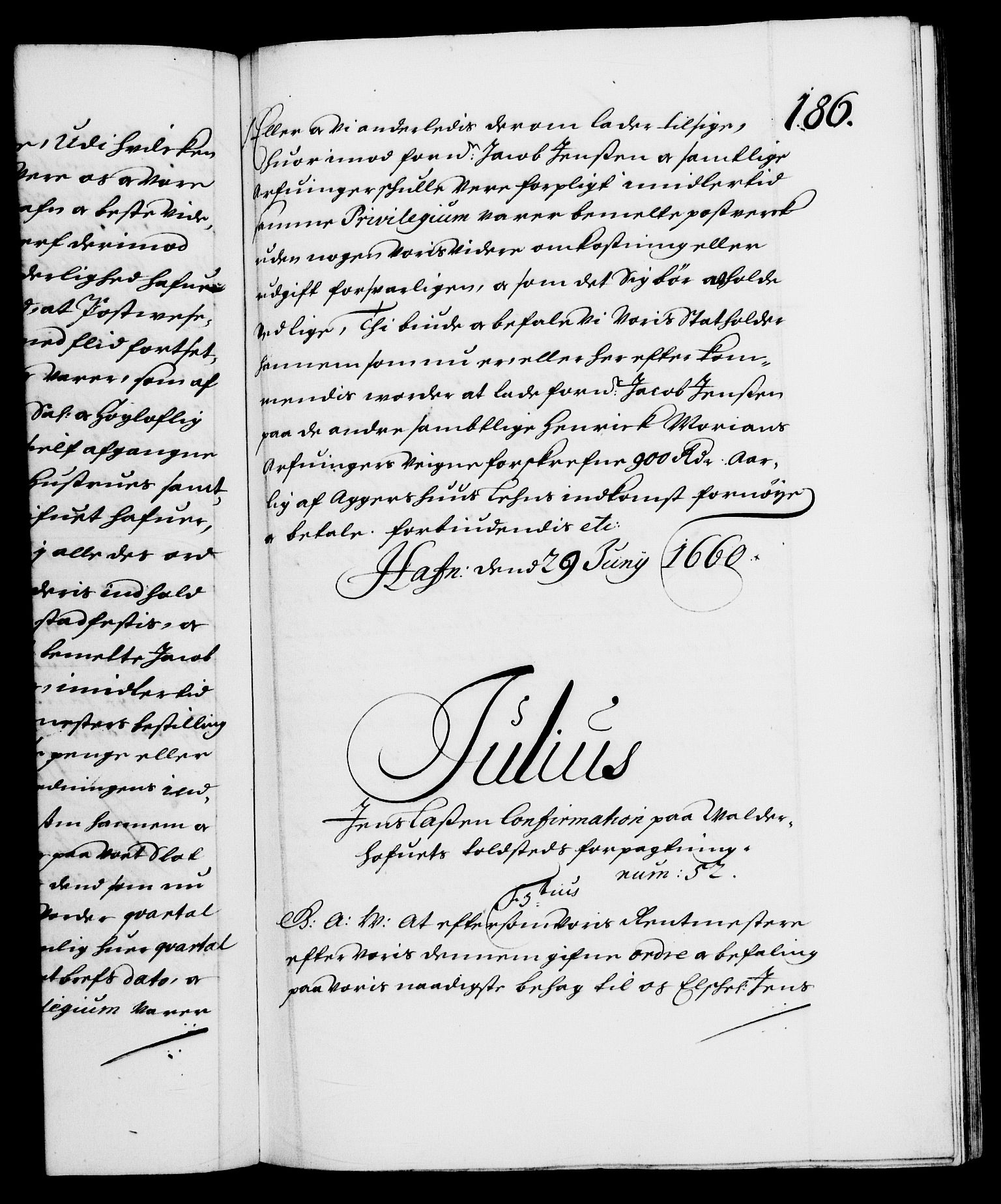 Danske Kanselli 1572-1799, RA/EA-3023/F/Fc/Fca/Fcaa/L0009: Norske registre (mikrofilm), 1657-1660, s. 186a