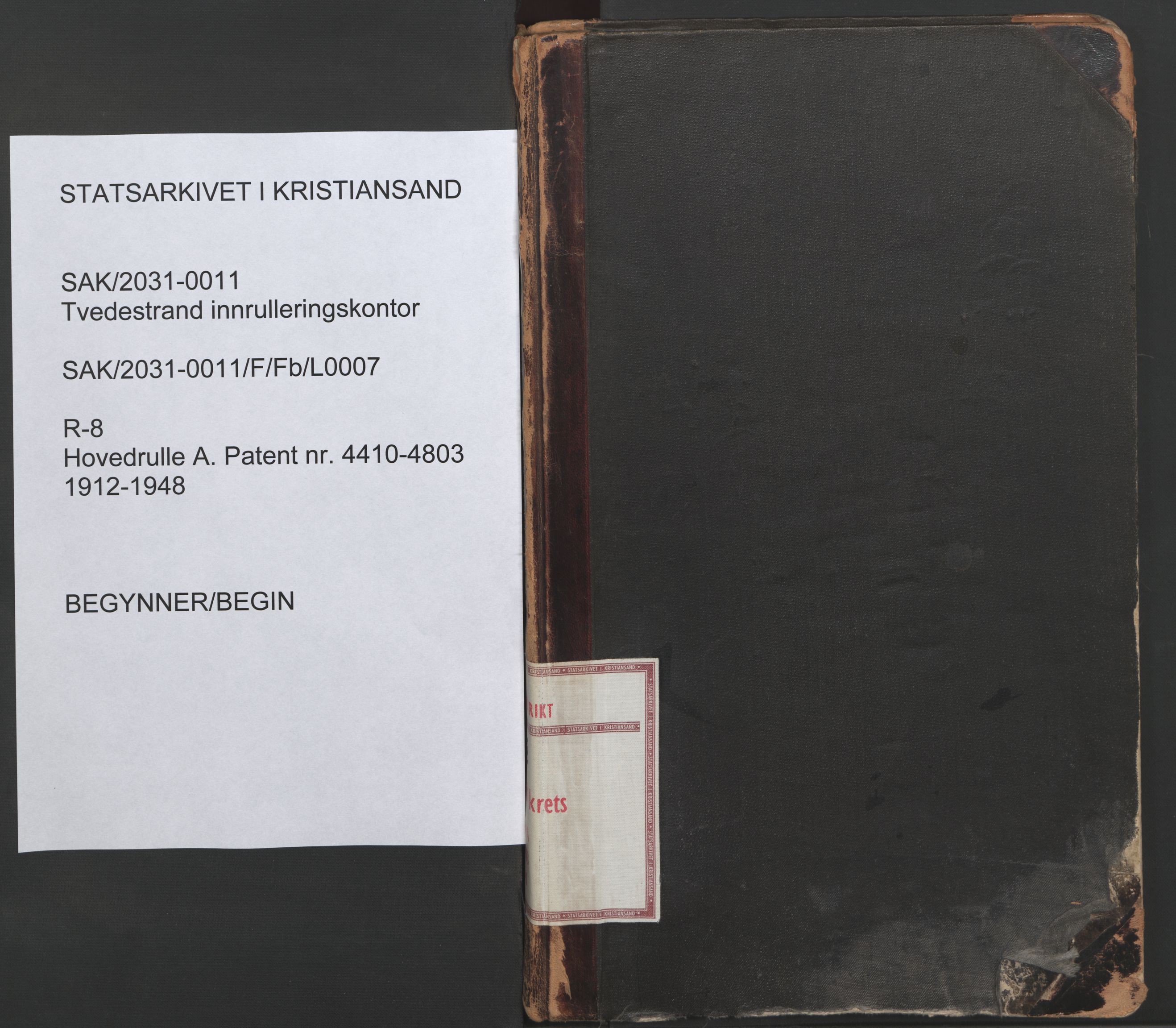 Tvedestrand mønstringskrets, AV/SAK-2031-0011/F/Fb/L0007: Hovedrulle A nr 4410-4803, R-8, 1912-1948, s. 1