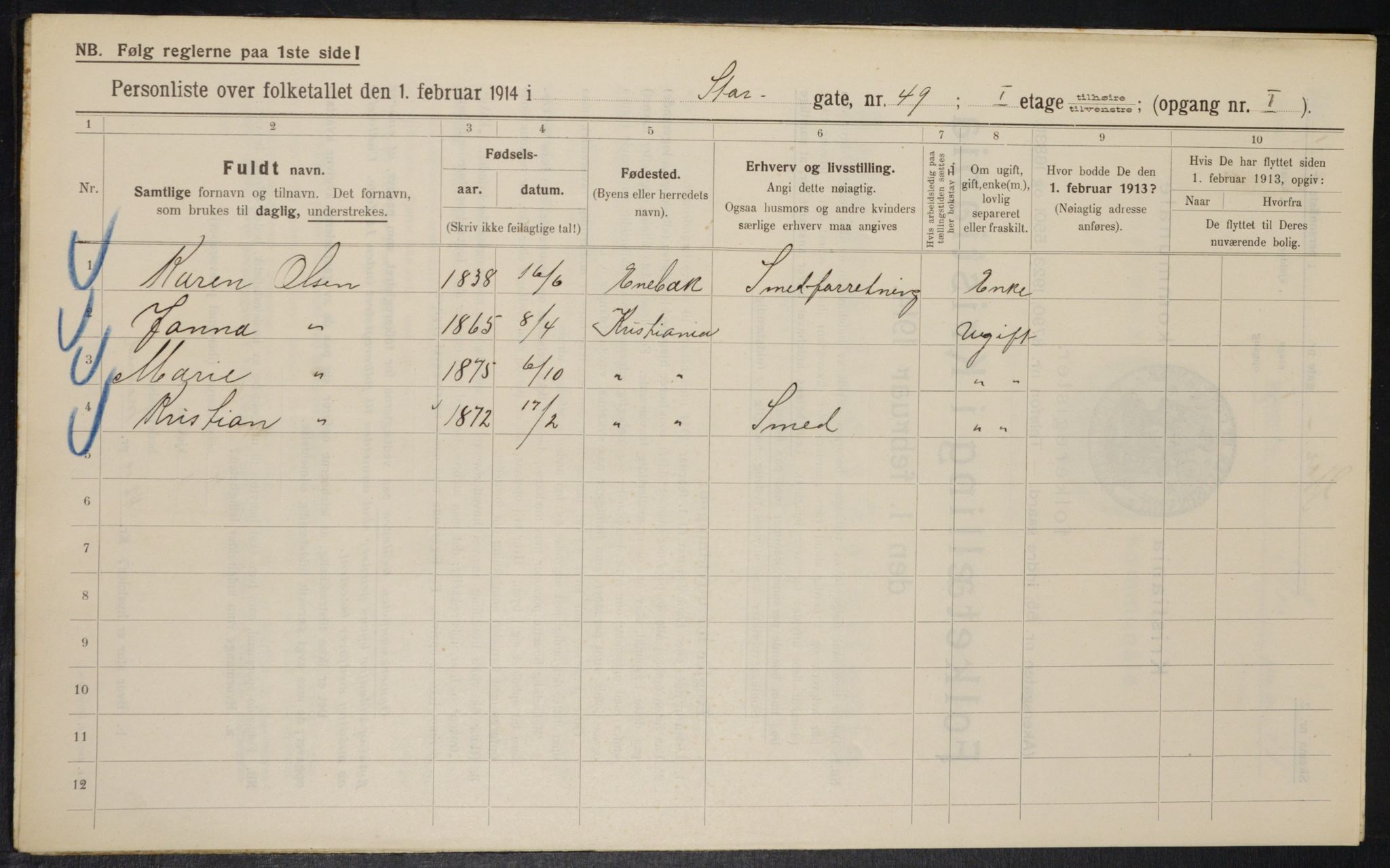 OBA, Kommunal folketelling 1.2.1914 for Kristiania, 1914, s. 104188