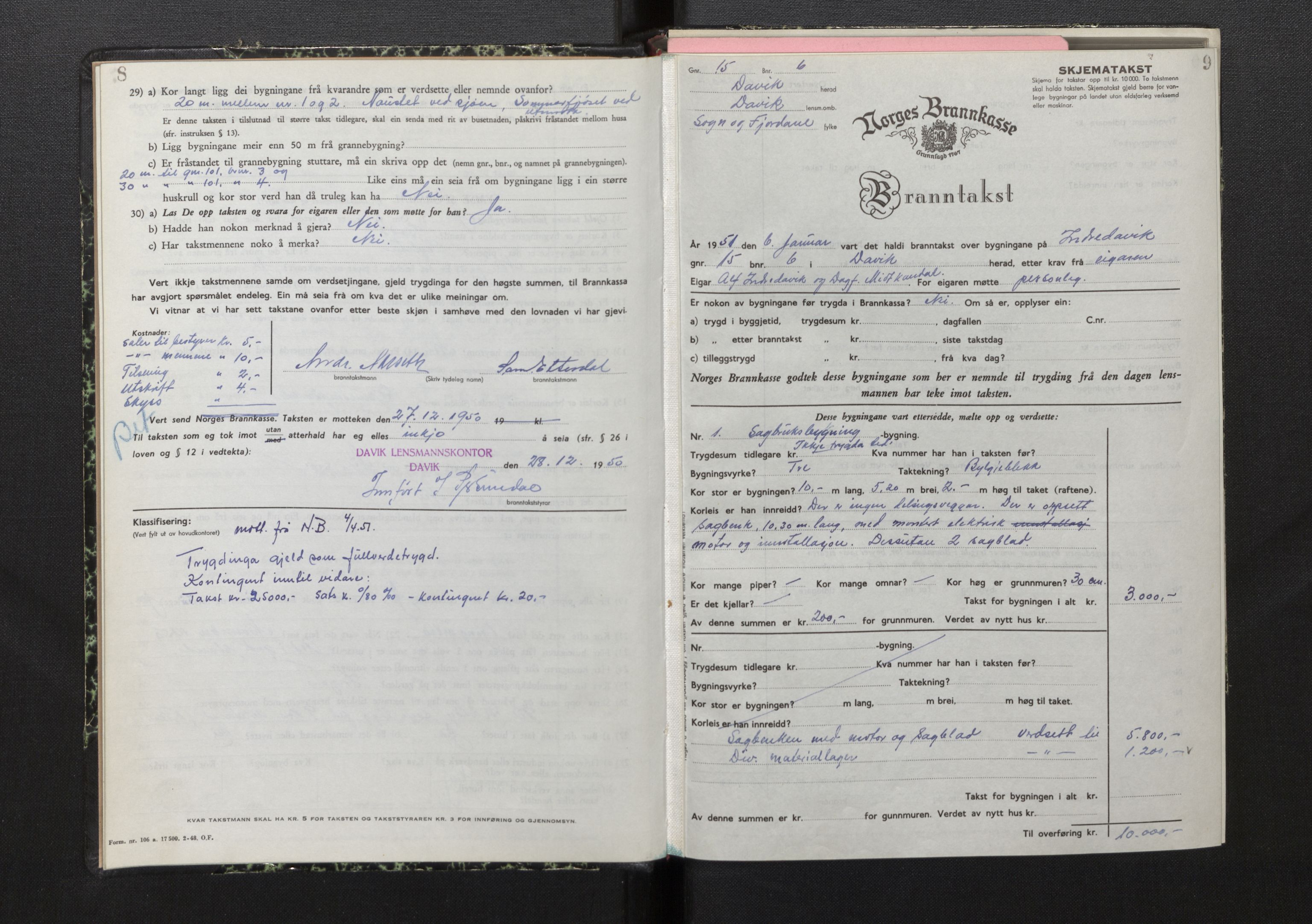 Lensmannen i Davik, SAB/A-26801/0012/L0005: Branntakstprotokoll, skjematakst, 1950-1953, s. 8-9